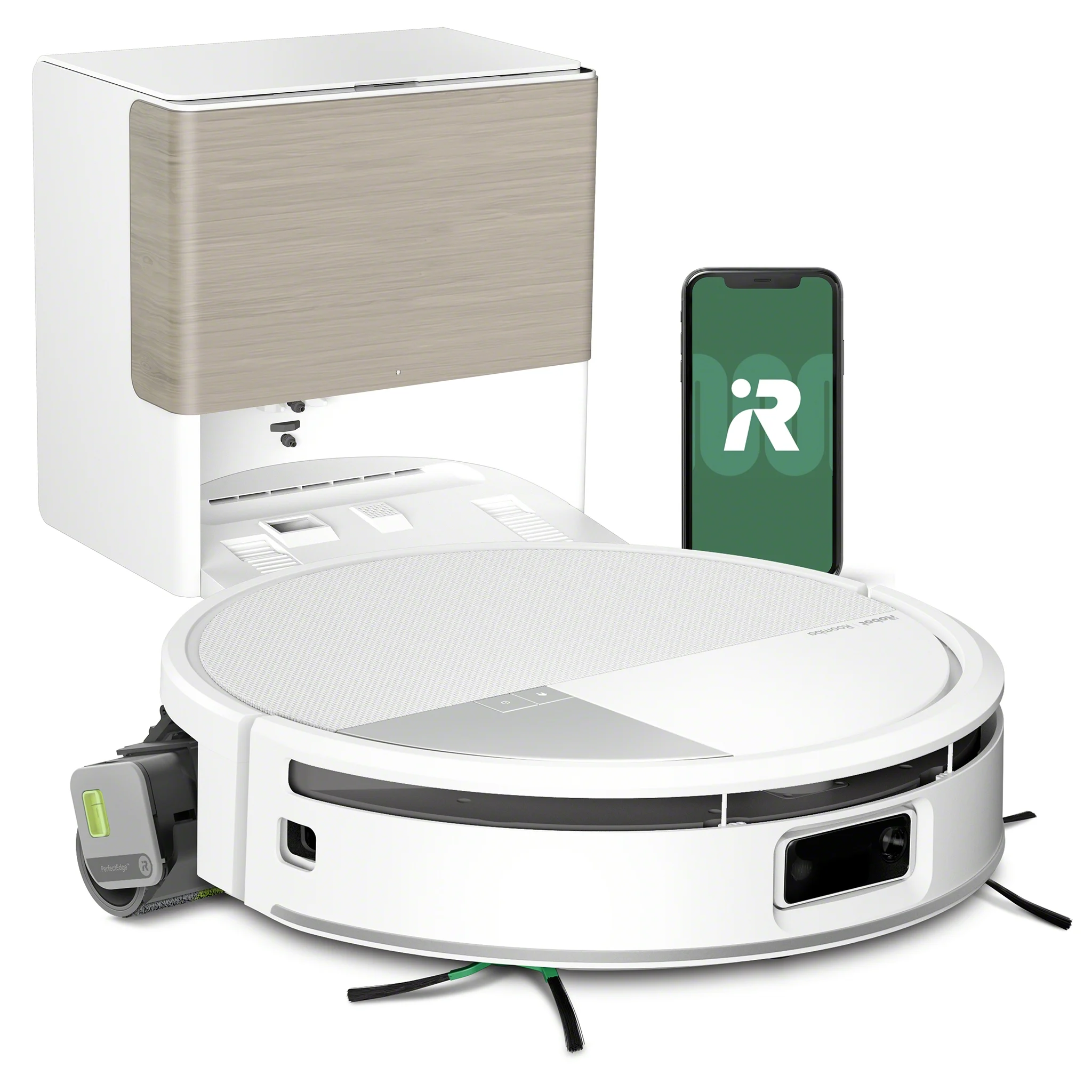 Ein weißer Roboter-Staubsauger mit Ladestation, Smartphone mit Roomba-Logo und grüner Bürste.