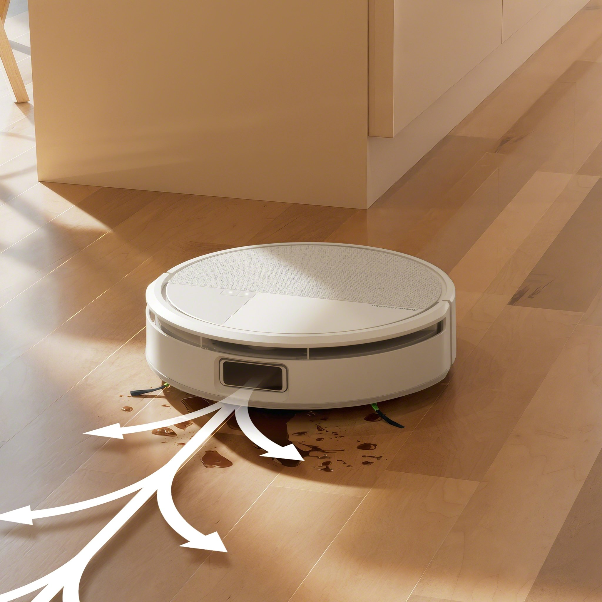 Ein weißer Roboter-Staubsauger reinigt einen Holzboden mit Wasserspritzern. Weiße Pfeile zeigen den Reinigungsweg an.