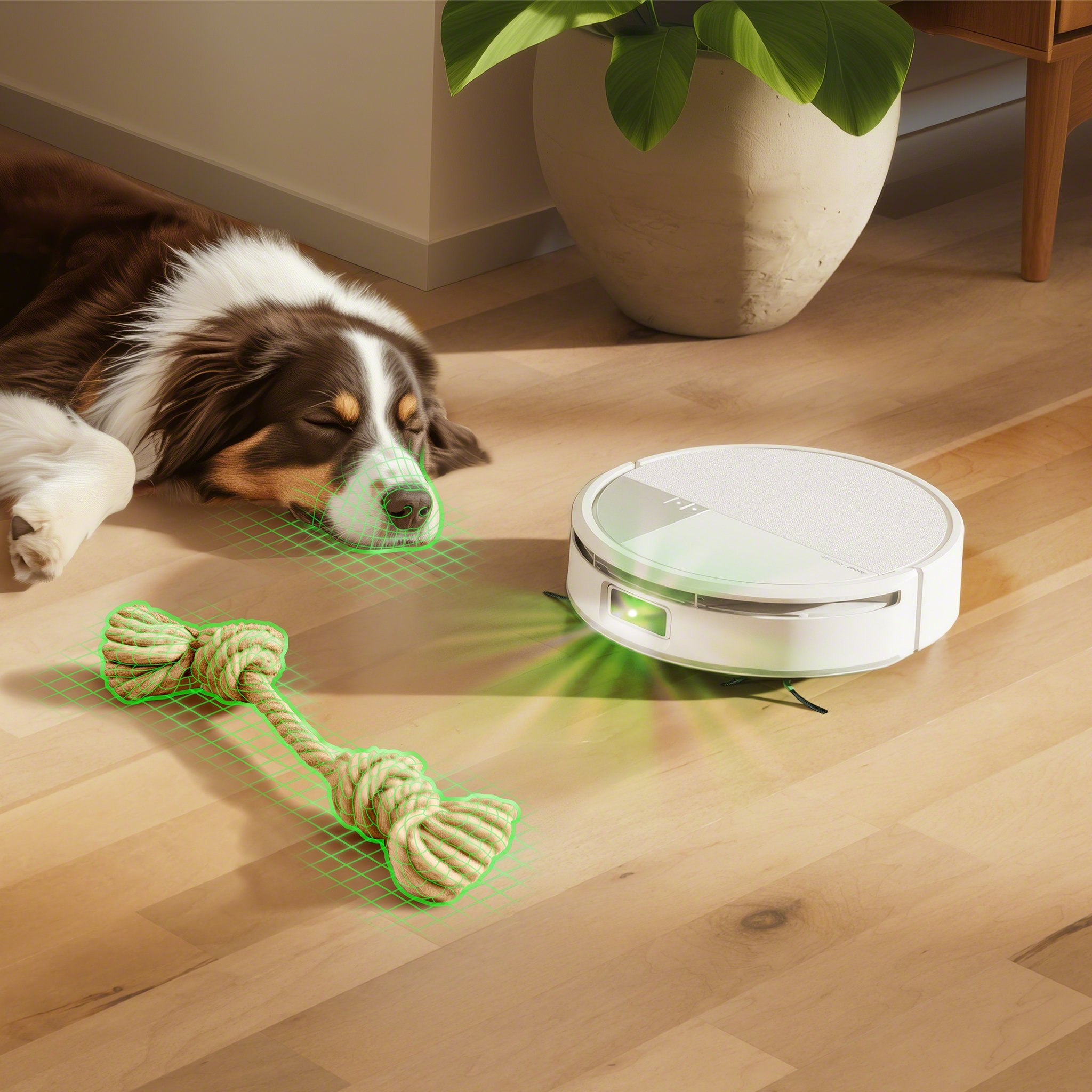 Ein Hund schläft neben einem Spielzeug und einem Roboterstaubsauger auf einem Holzboden. Eine Pflanze steht im Hintergrund.