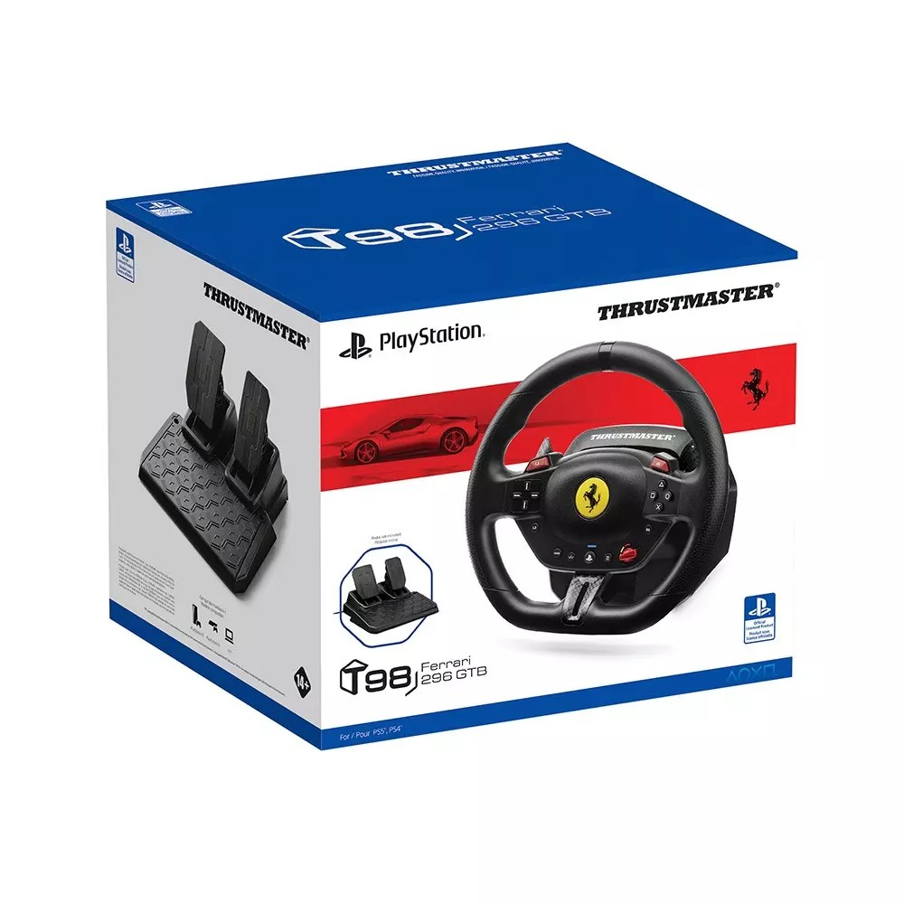 Scatola con volante e pedali Thrustmaster Ferrari. Mostra un'auto rossa, il logo PlayStation e il logo Ferrari.