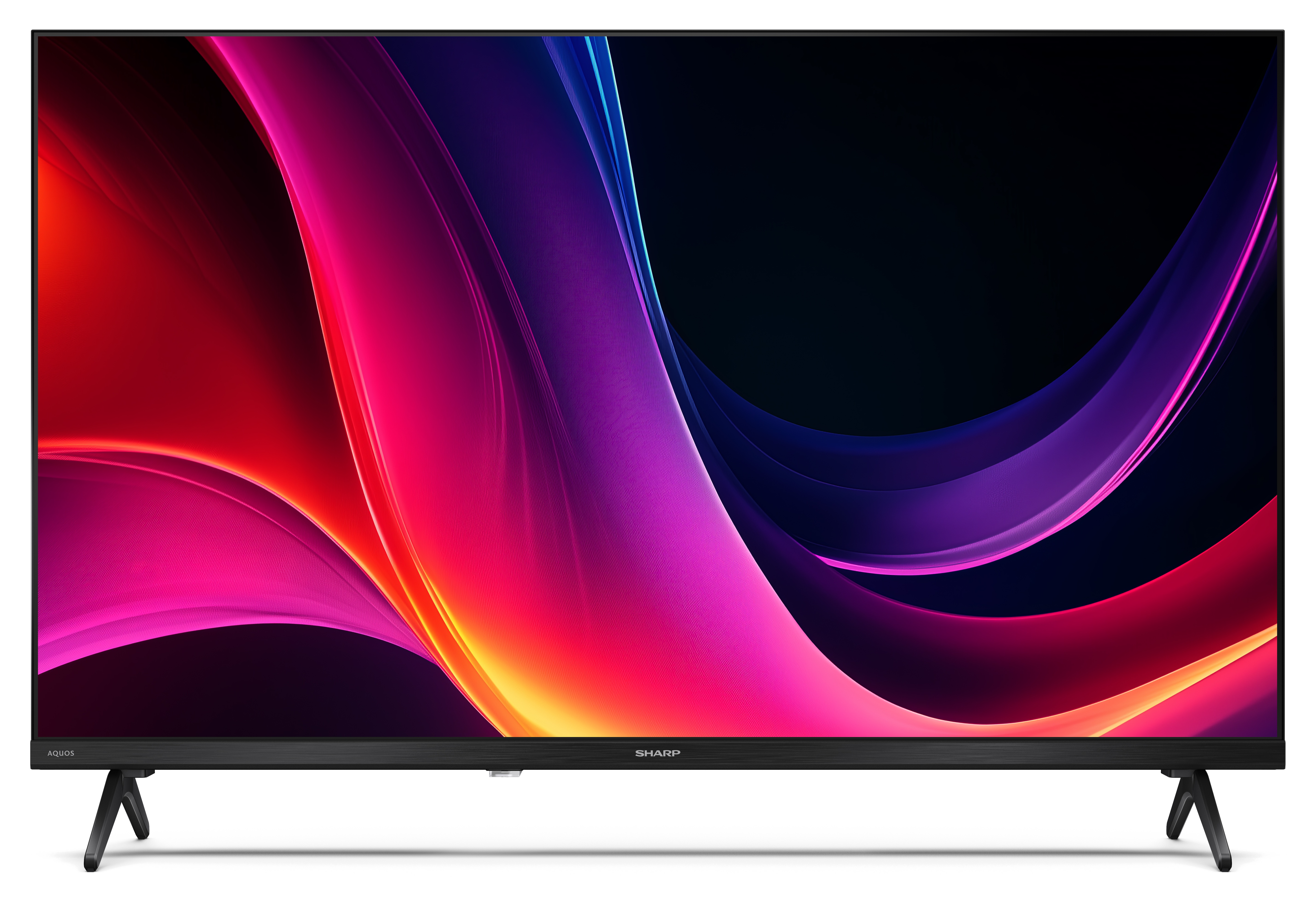 Telewizor Sharp Aquos wyświetla kolorowy abstrakcyjny wzór w kolorach czerwonym, różowym, fioletowym i czarnym.