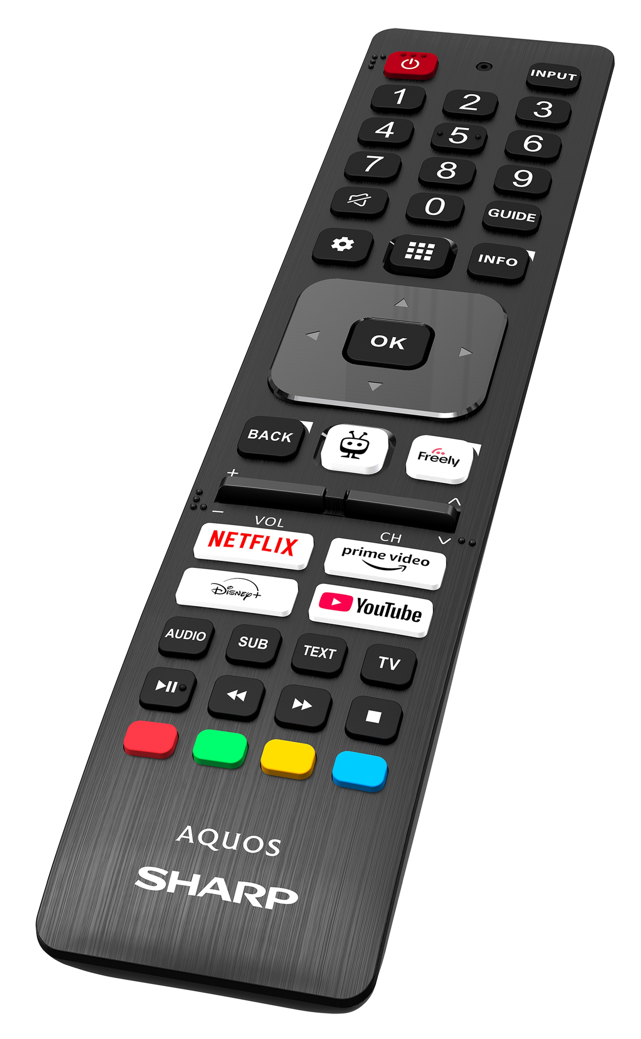Czarny pilot do telewizora Sharp z wieloma przyciskami, w tym Netflix, YouTube i kontrolkami kanałów.