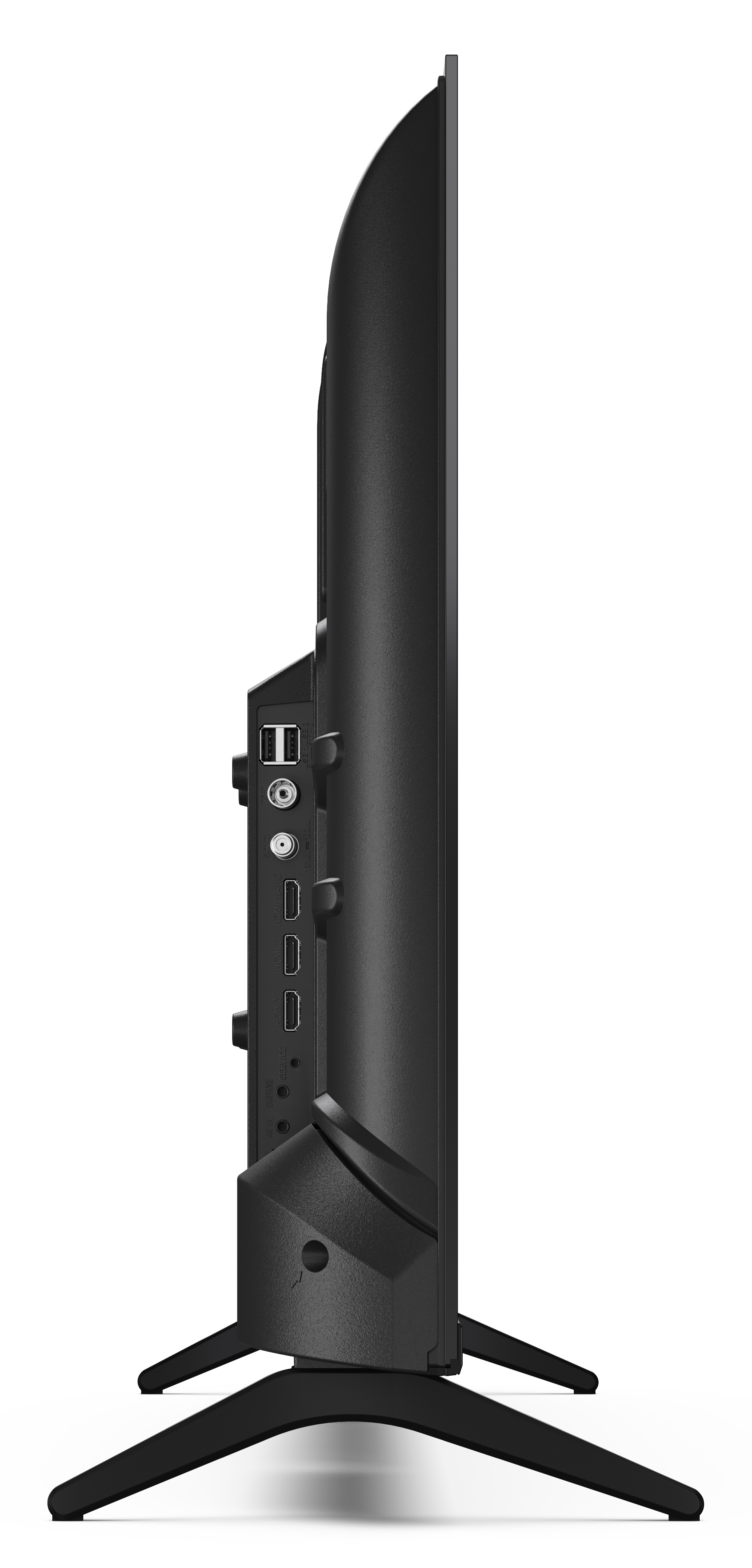Widok z boku czarnego telewizora. Widoczne porty i połączenia. Telewizor stoi na czarnych nóżkach.