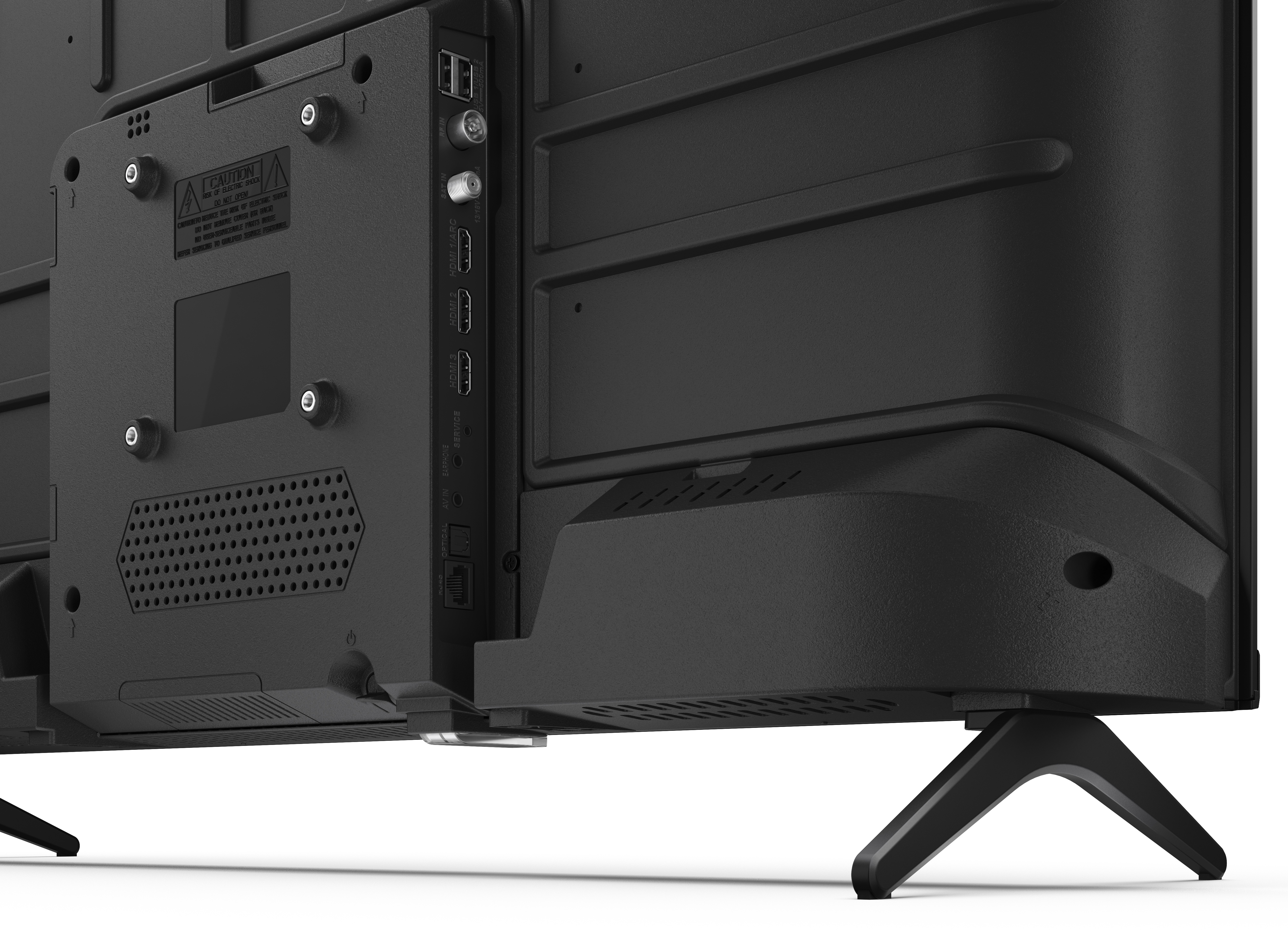 Czarny tył telewizora z portami, złączami i etykietami ostrzegawczymi. Czarny stojak podtrzymuje telewizor. Białe tło.