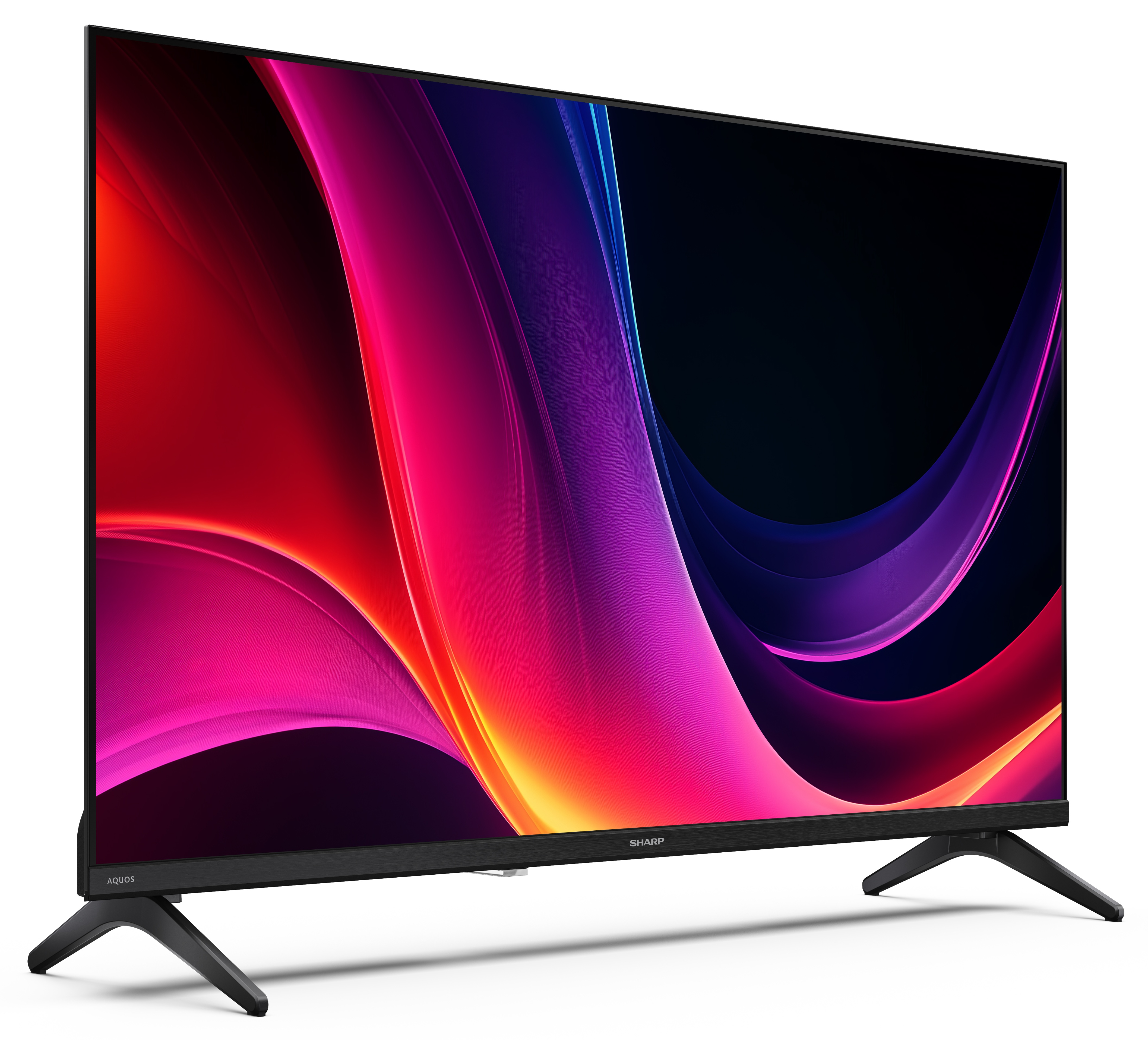 Telewizor Sharp Aquos z kolorowym abstrakcyjnym tłem. Stoi na dwóch czarnych nogach. Ekran wyświetla czerwień, fiolet i niebieski.