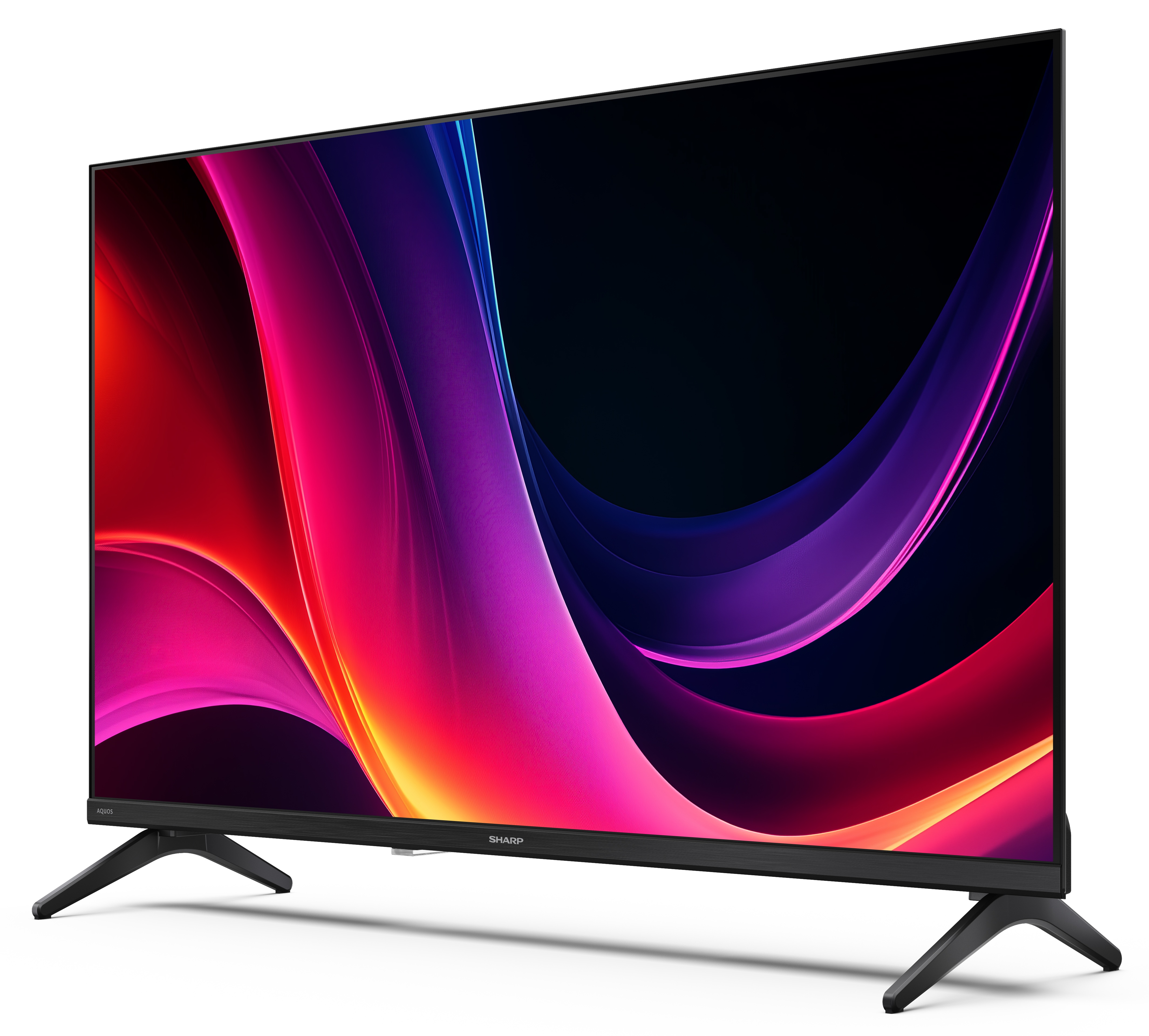Telewizor Sharp z żywym wyświetlaczem w kolorach czerwonym, fioletowym i czarnym. Stoi na czarnych nóżkach na białym tle.