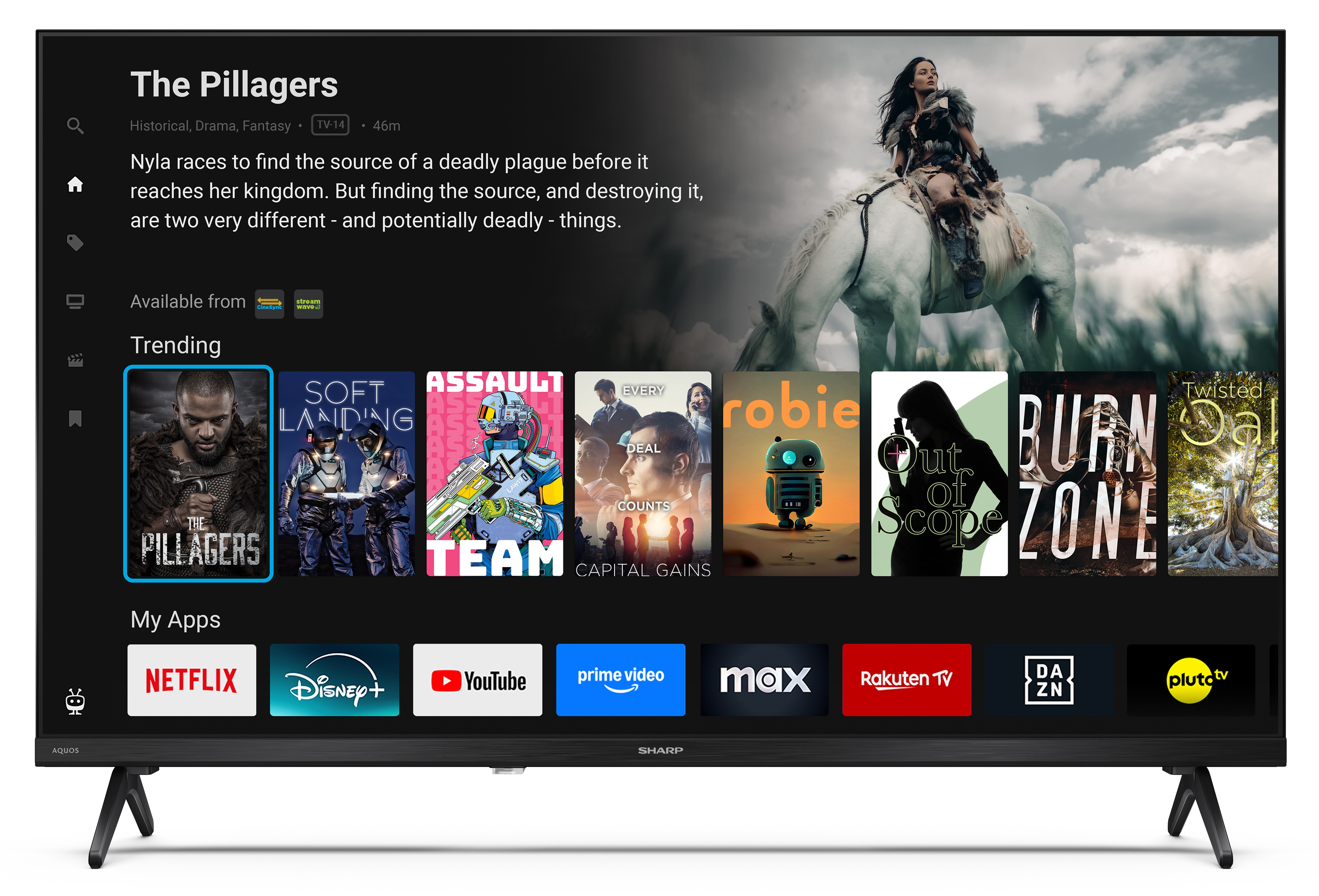 Telewizor wyświetla ekran wyboru filmu. Trendy: The Pillagers. Aplikacje: Netflix, Disney+, YouTube, Prime Video, Max, Rakuten TV.