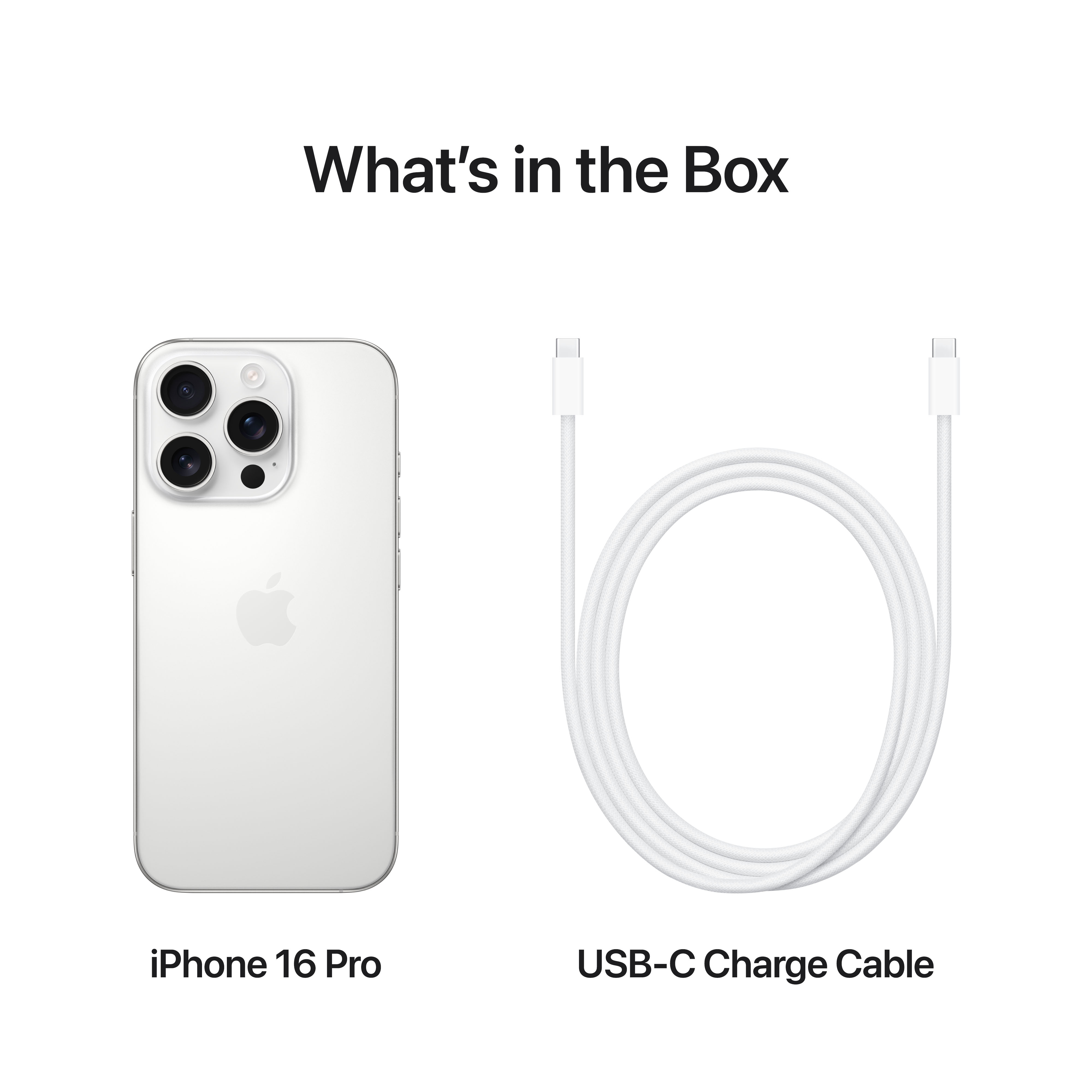 Das Bild zeigt ein iPhone 16 Pro und ein weißes USB-C-Ladekabel auf weißem Hintergrund, mit dem Text 'Was ist in der Box'.