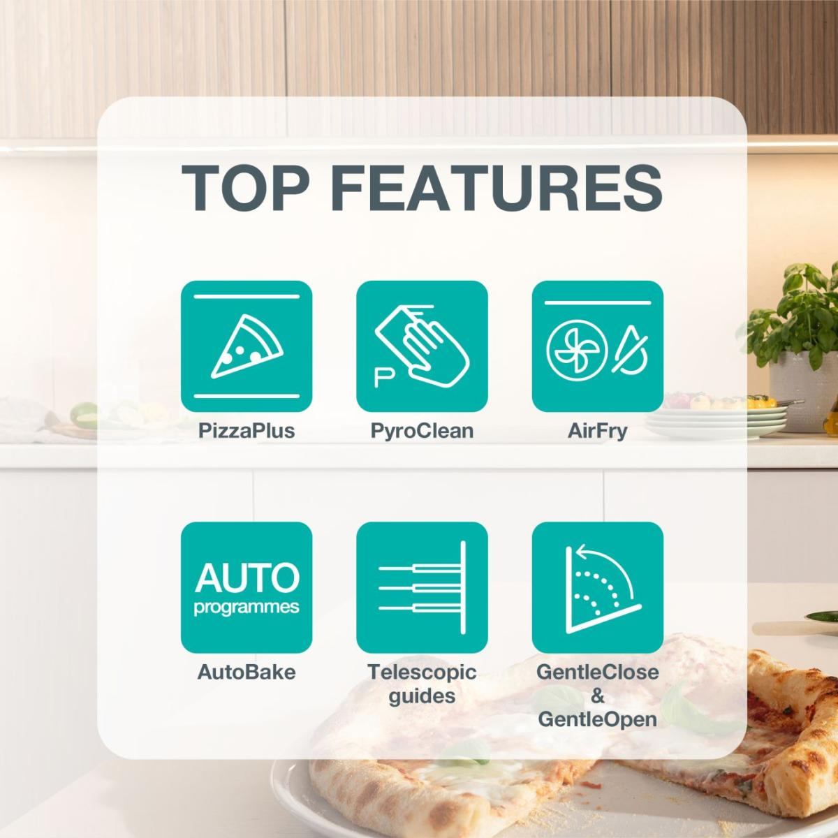 Das Bild zeigt Ofenfunktionen: PizzaPlus, PyroClean, AirFry, AutoBake, Teleskopschienen und GentleClose/Open. Ein Pizzastück ist sichtbar.