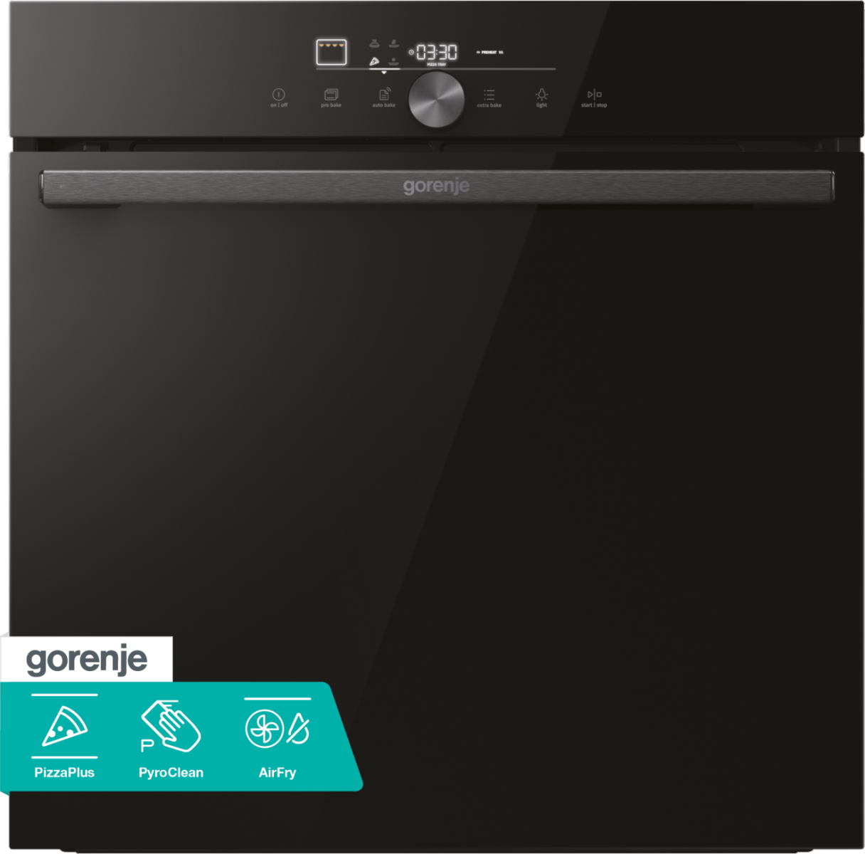 Ein schwarzer Gorenje-Ofen. Er hat ein digitales Display mit Uhrzeit und verschiedenen Kochfunktionen. Zu den Funktionen gehören PizzaPlus und AirFry.
