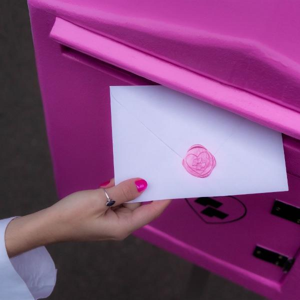 Eine Hand steckt einen weißen Umschlag mit einem rosa Wachssiegel in einen leuchtend pinkfarbenen Briefkasten. Die Hand hat pinke Nägel und einen Silberring.