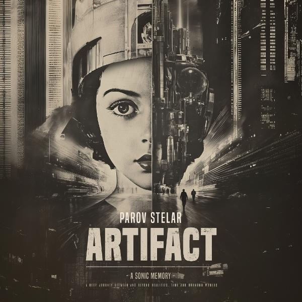 Ein geteiltes Bild: Das Gesicht einer Frau links, mechanische Strukturen rechts und das Wort 'ARTIFACT'. Der Hintergrund zeigt Stadtlandschaften.