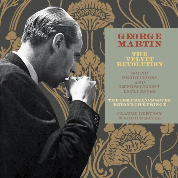 Schwarz-Weiß-Bild eines Mannes, der nach unten schaut. Text rechts: George Martin, The Velvet Revolution. Blumiger Hintergrund.