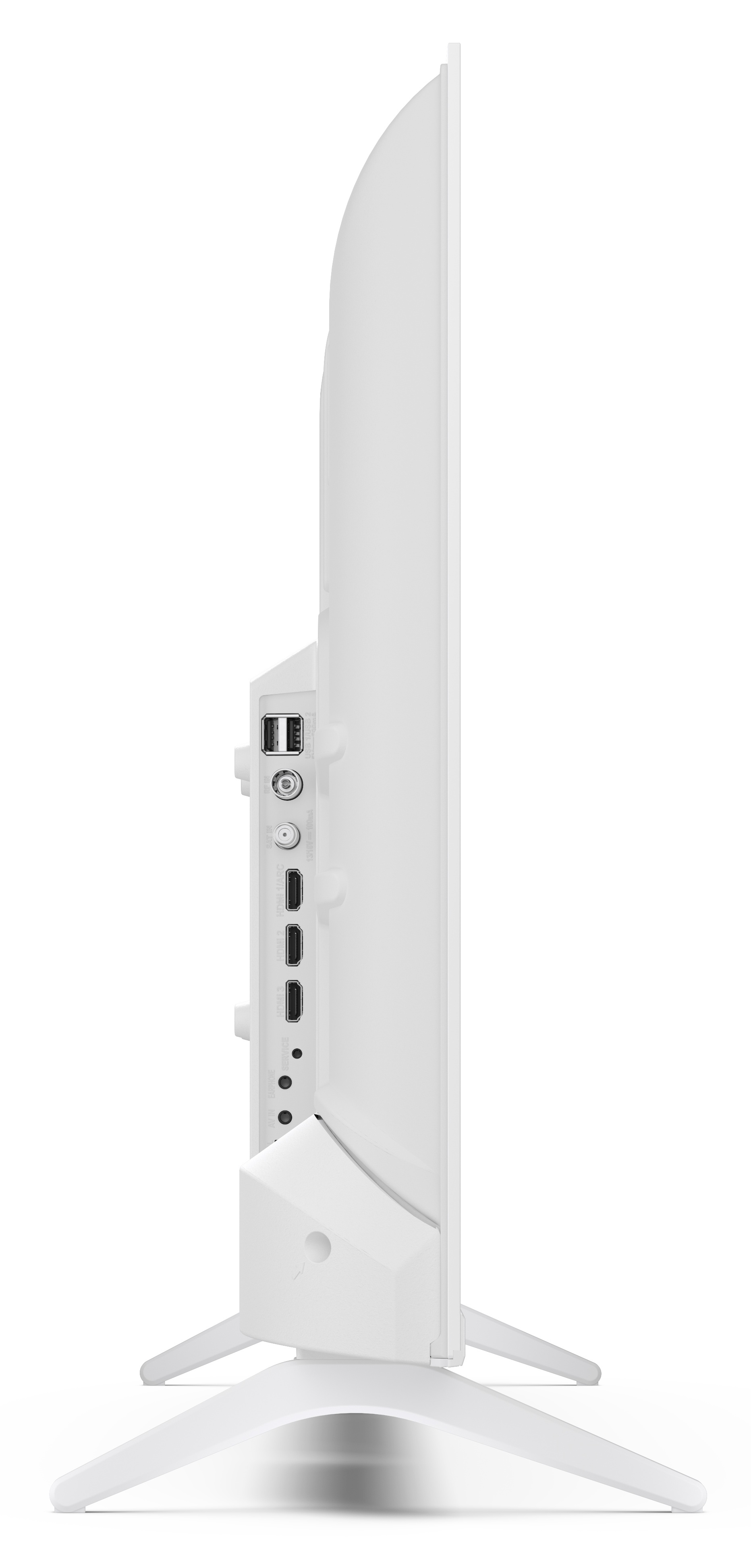 Widok z boku białego telewizora, pokazujący porty i podstawę. Telewizor jest na białym tle.
