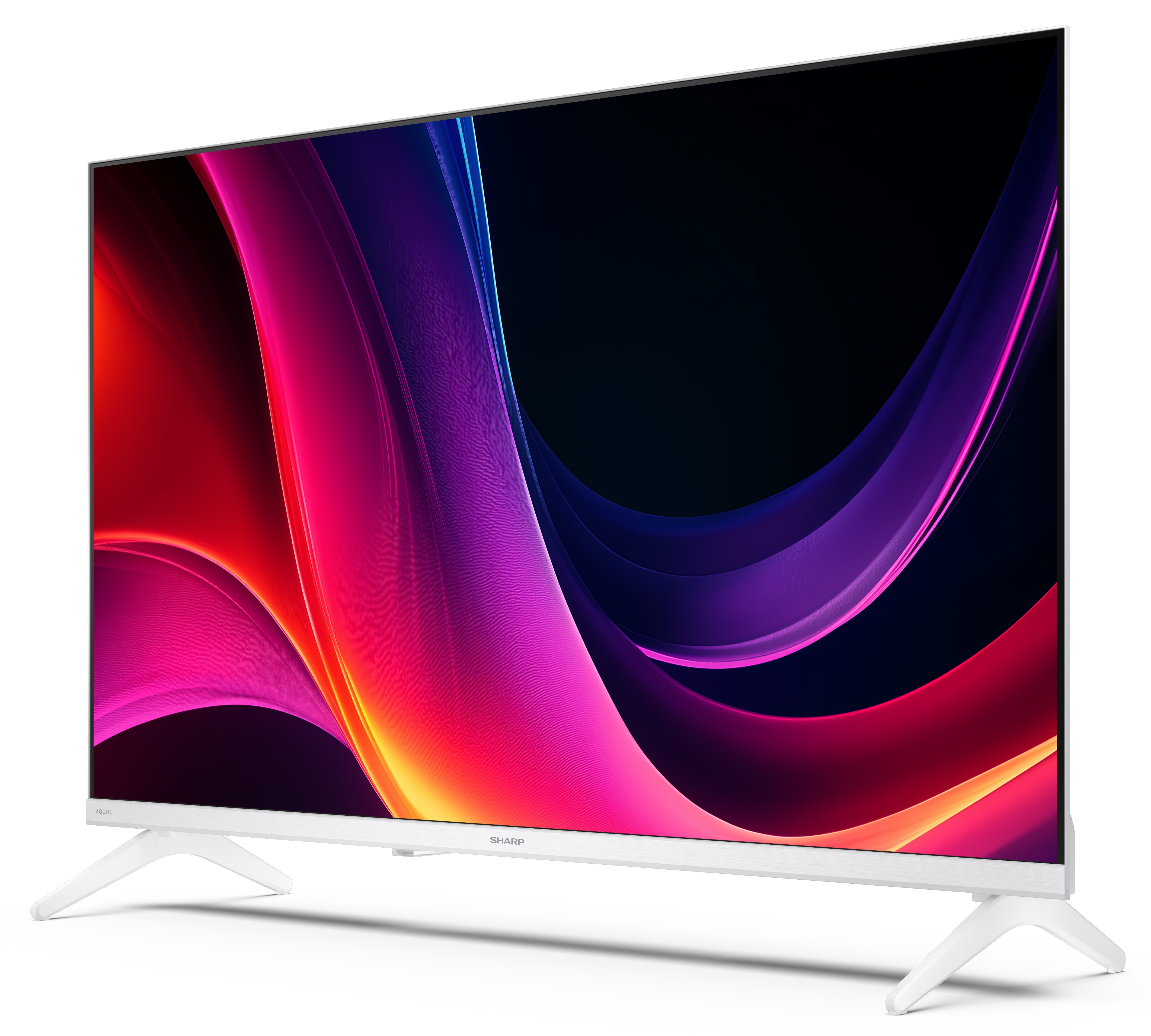 Biały telewizor Sharp z kolorowym, abstrakcyjnym wyświetlaczem. Ma białe nogi i białą ramę. Tło jest białe.