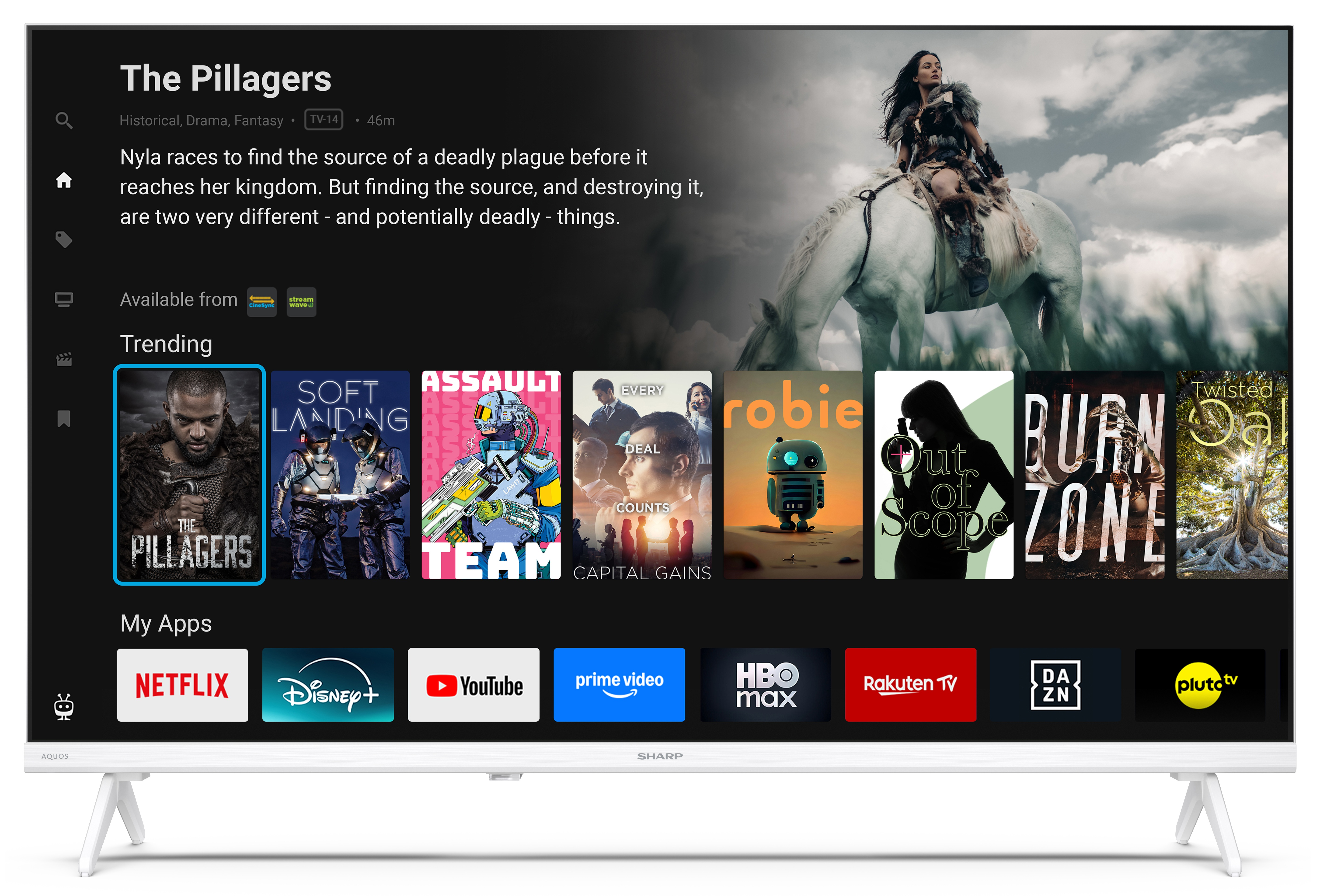 Ekran telewizora z sceną z filmu i kilkoma ikonami aplikacji. Kobieta na koniu to główna scena.