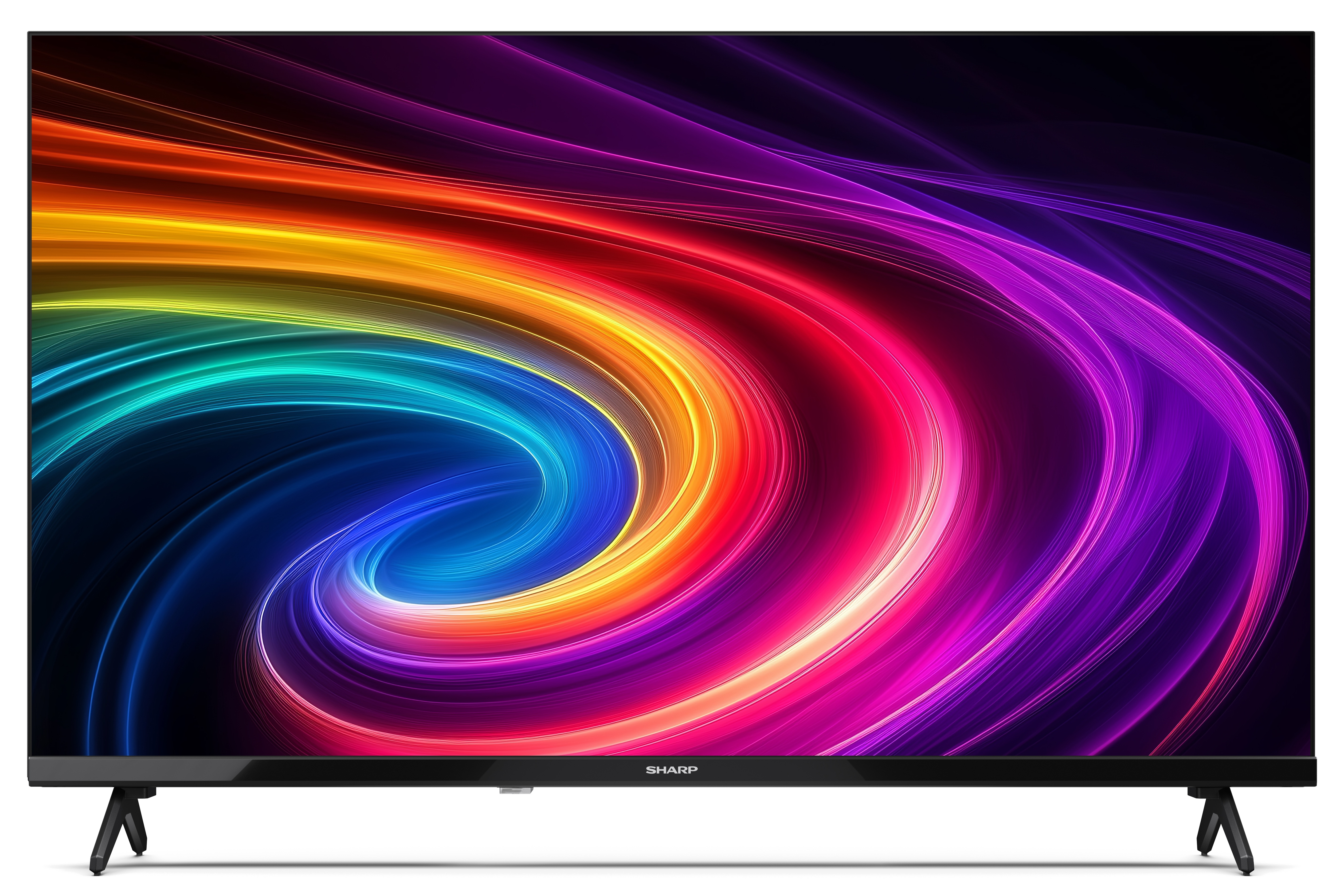Telewizor Sharp wyświetla kolorowy, wirujący wzór. Telewizor ma czarne nogi i czarną ramę. Tło jest białe.