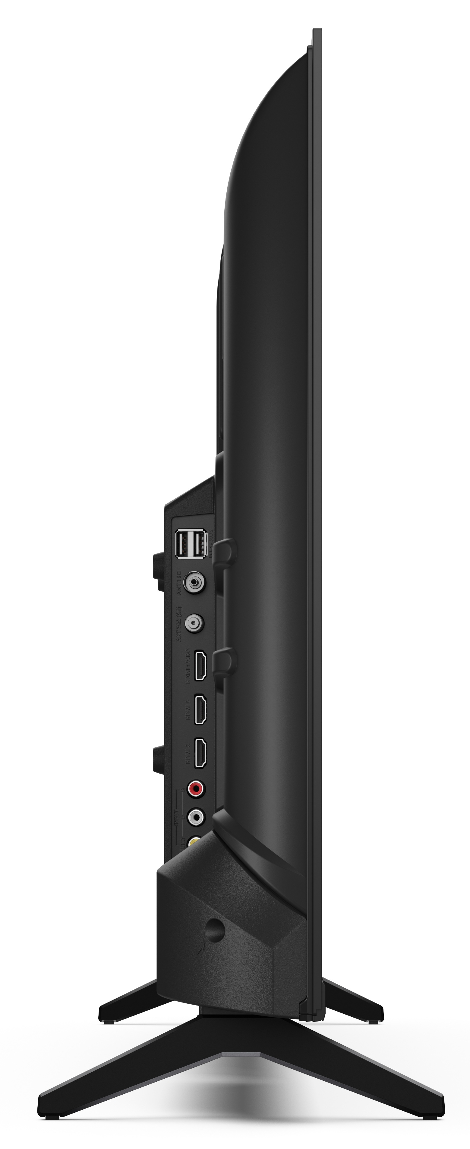 Widok z boku czarnego telewizora z portami i złączami z tyłu. Telewizor stoi na stojaku na białym tle.