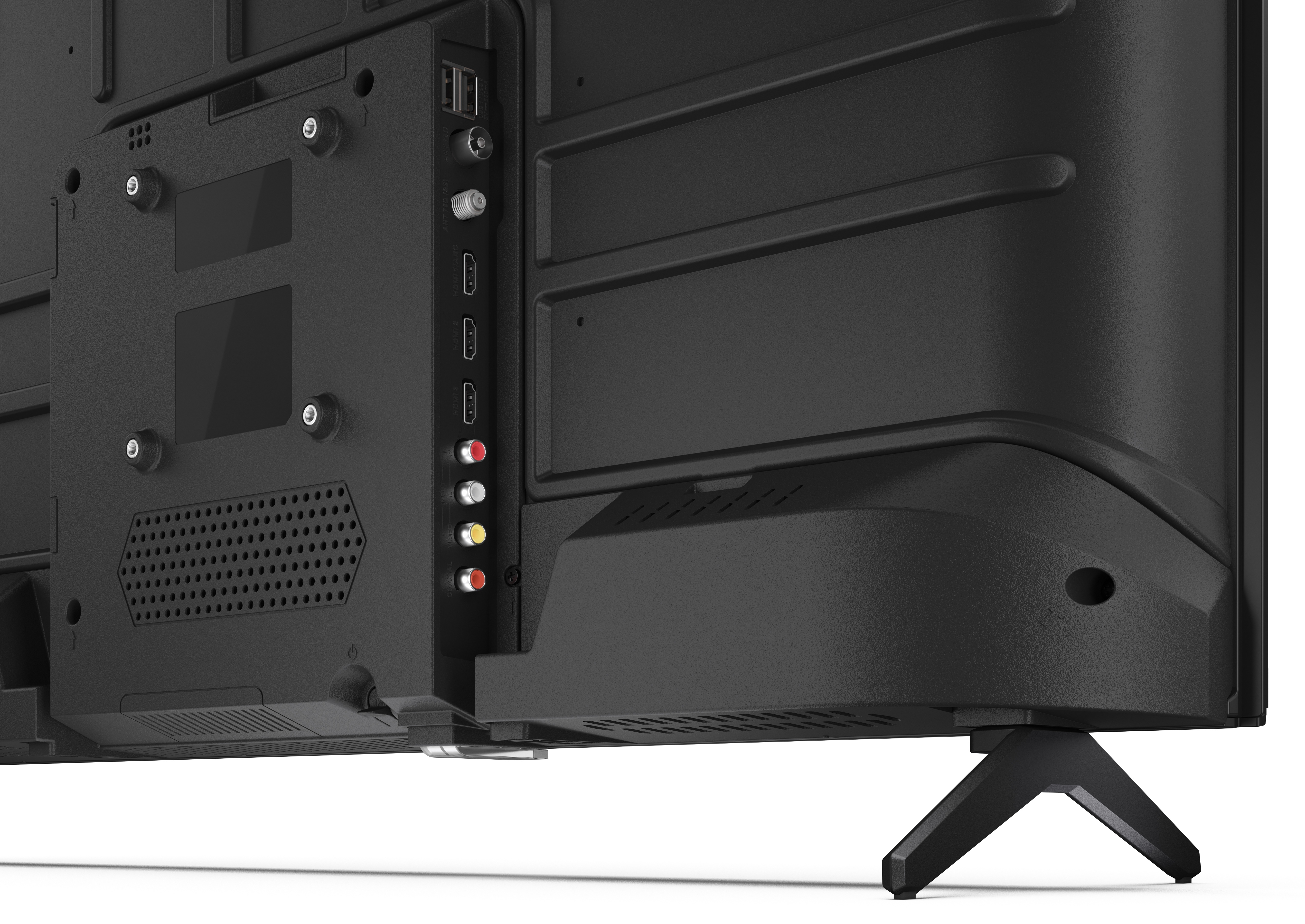 Zbliżenie tyłu czarnego telewizora z portami, złączami i podstawą. Tylny panel ma fakturę.