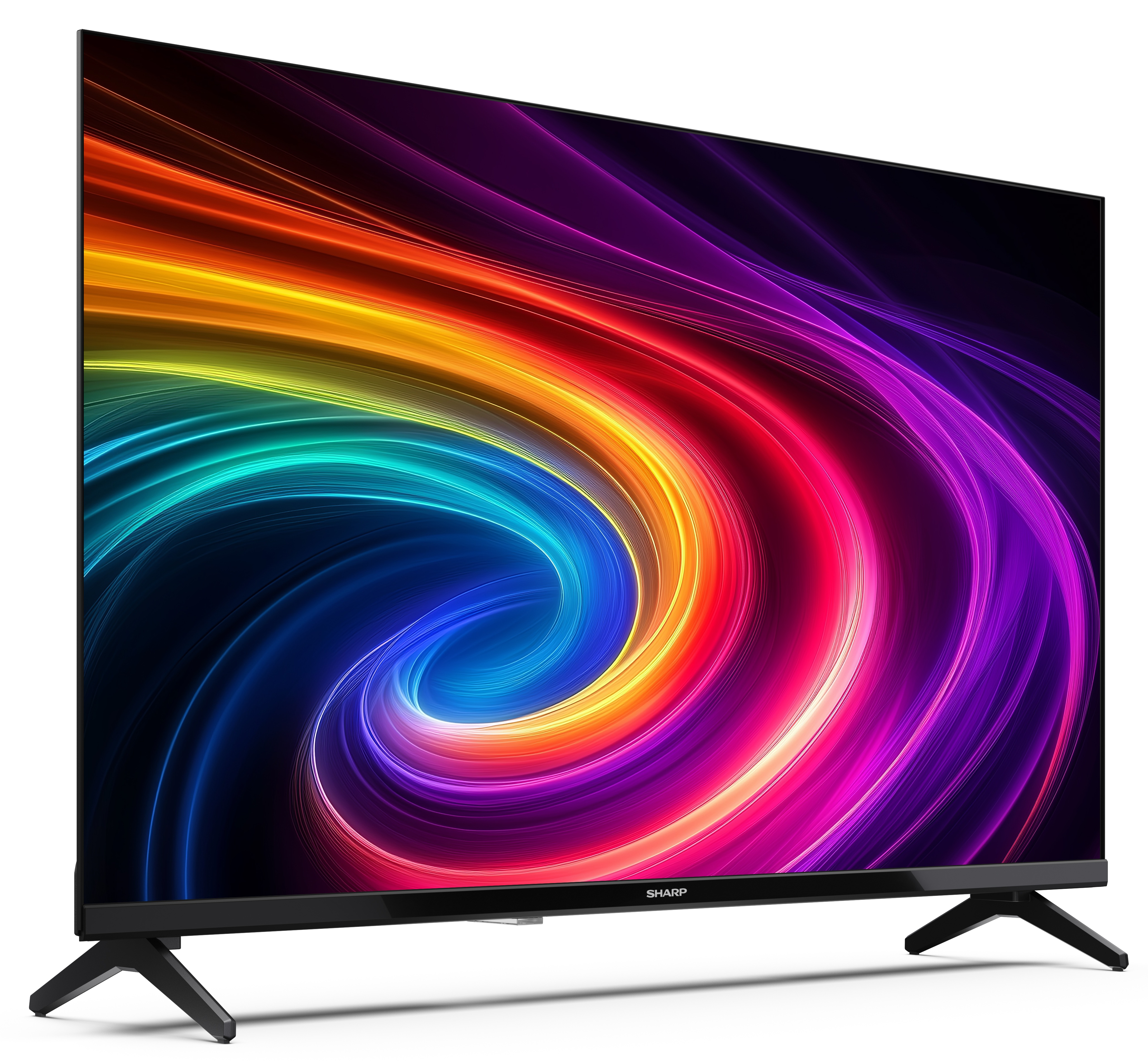 Telewizor Sharp z kolorowym, wirującym, abstrakcyjnym wyświetlaczem. Telewizor jest czarny z czarnymi nogami na białym tle.