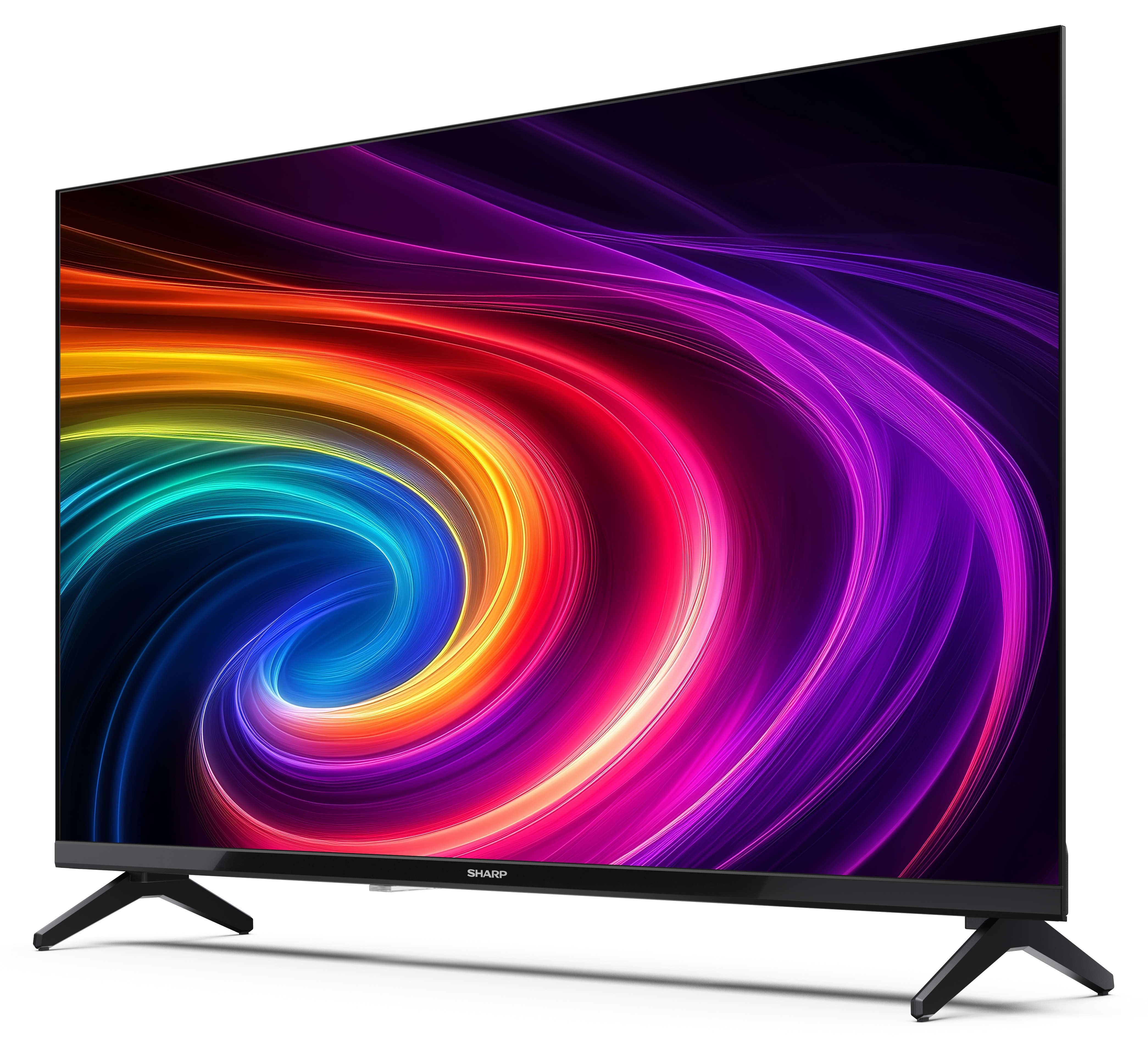 Telewizor Sharp wyświetla kolorowy, wirujący wzór na czarnej ramie. Telewizor stoi na czarnych nóżkach na białym tle.