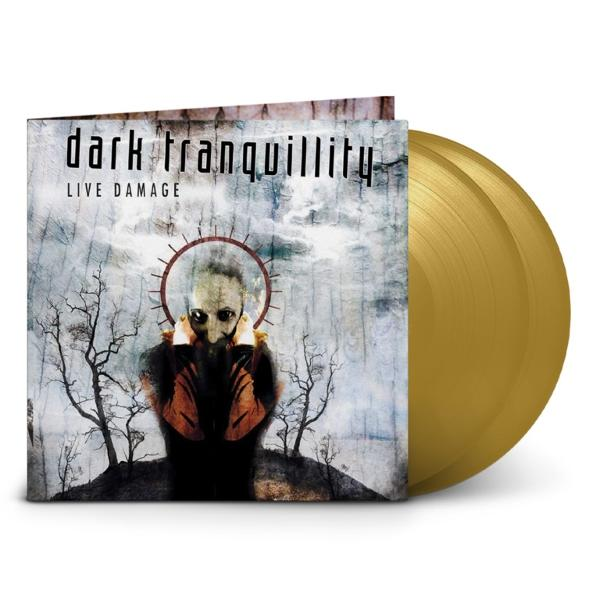 Albumcover von Dark Tranquillity „Live Damage“. Zeigt eine Figur mit Gasmaske und zwei goldfarbenen Schallplatten.