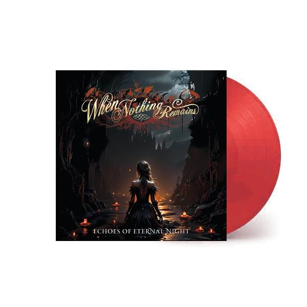 Albumcover: Eine Frau steht vor einer dunklen Landschaft. Rotes Vinyl rechts. Titel: When Nothing Remains.