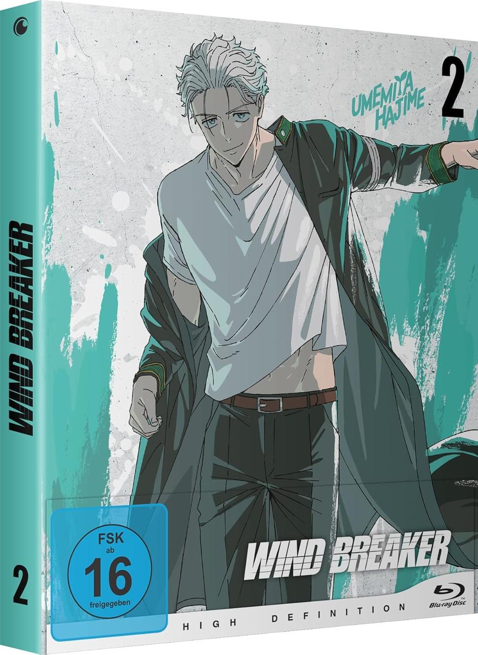 Anime-Cover. Ein Mann mit silbernen Haaren in einem weißen Hemd und einer Jacke. Der Titel ist Wind Breaker, mit der Nummer 2.