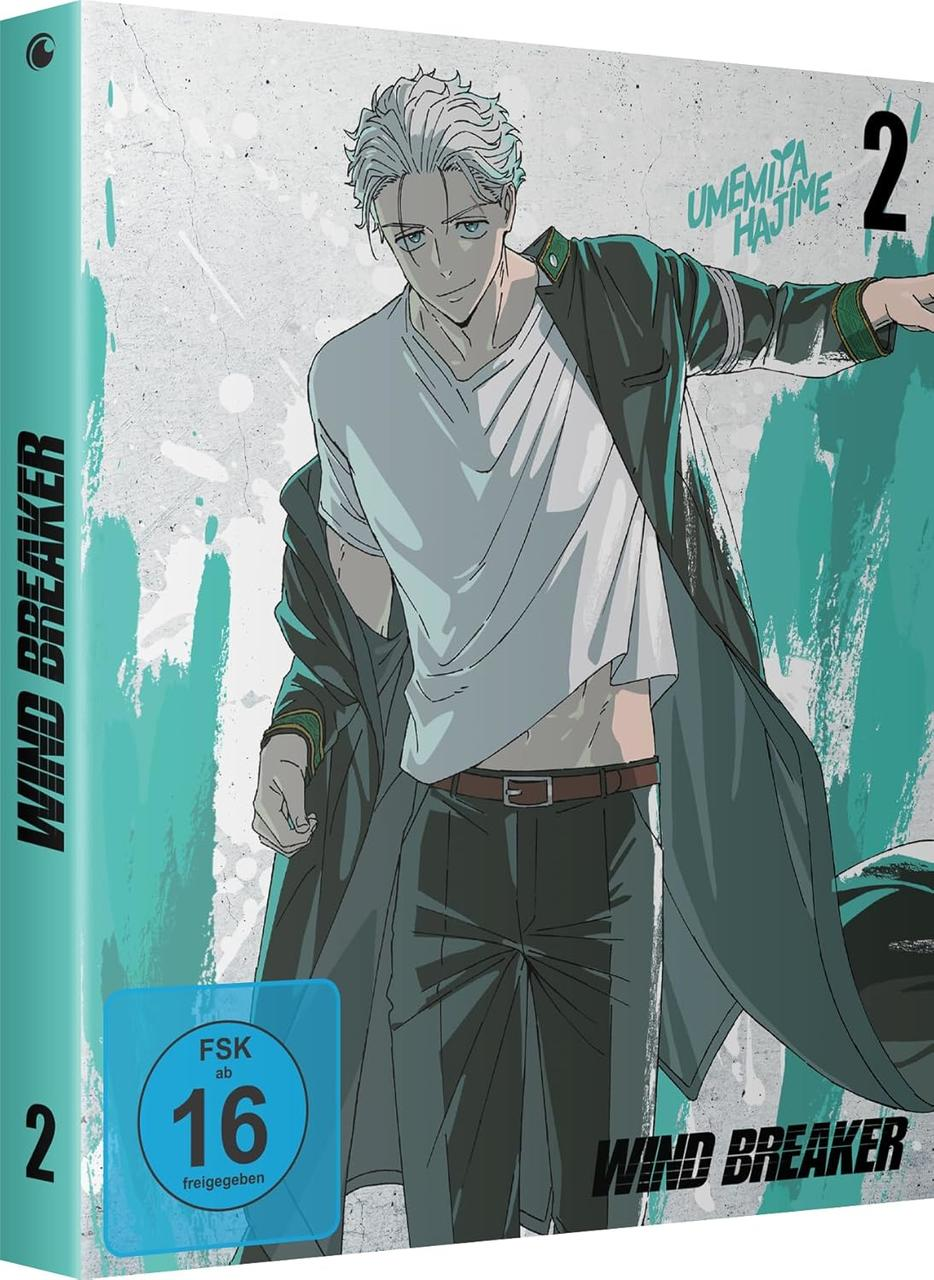 Anime-Box-Art für Wind Breaker 2. Ein Mann mit silbernem Haar und weißem Hemd. Der Hintergrund ist türkis und weiß mit Text. Enthält FSK 16-Aufkleber.