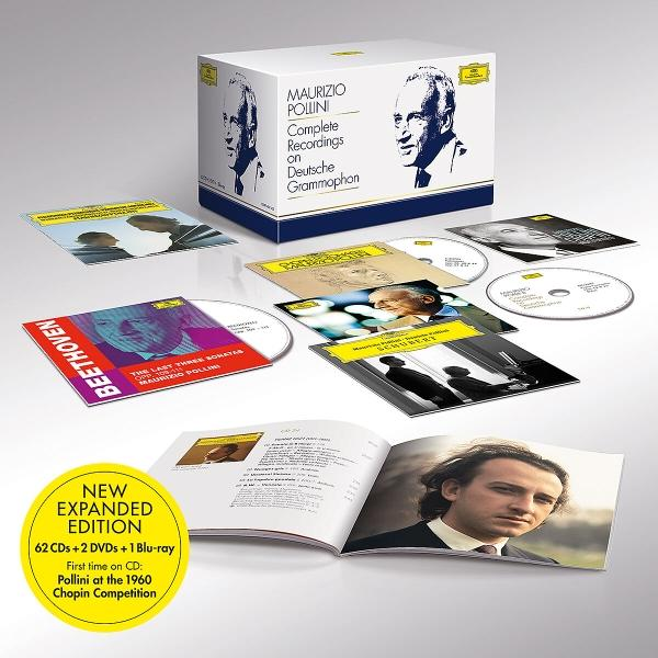Ein Box-Set mit CDs und DVDs mit dem Titel 'Maurizio Pollini Complete Recordings'. Albumcover und Booklet sichtbar.