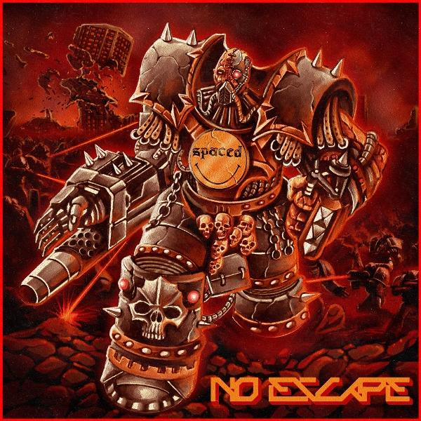 Eine schwer gepanzerte Figur mit einem Smiley-Gesicht-Logo, Schädeldetails und den Worten 'NO ESCAPE'. Rotes und oranges Farbschema.