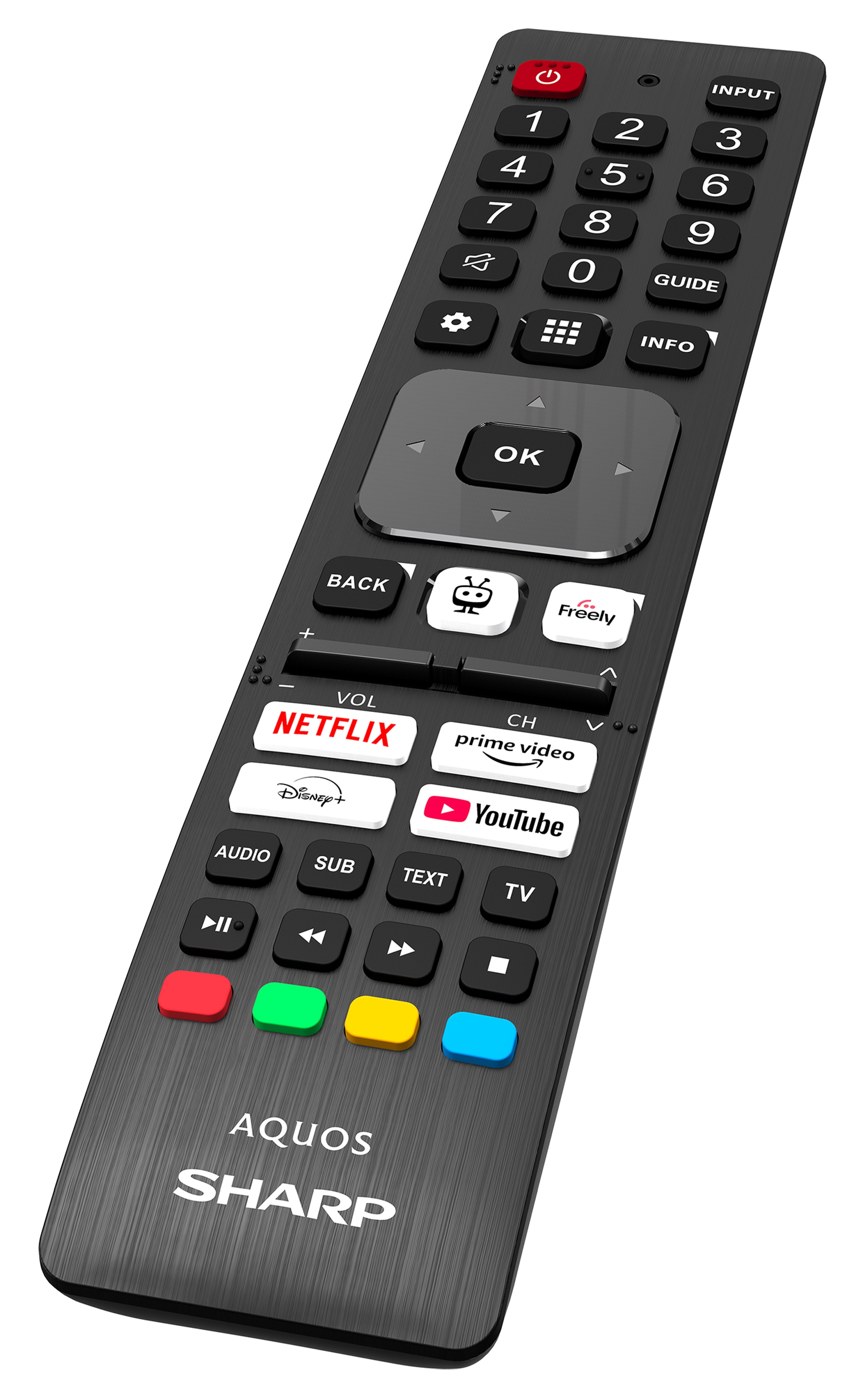 Czarny pilot AQUOS SHARP z przyciskami do Netflix, YouTube i regulacji głośności.