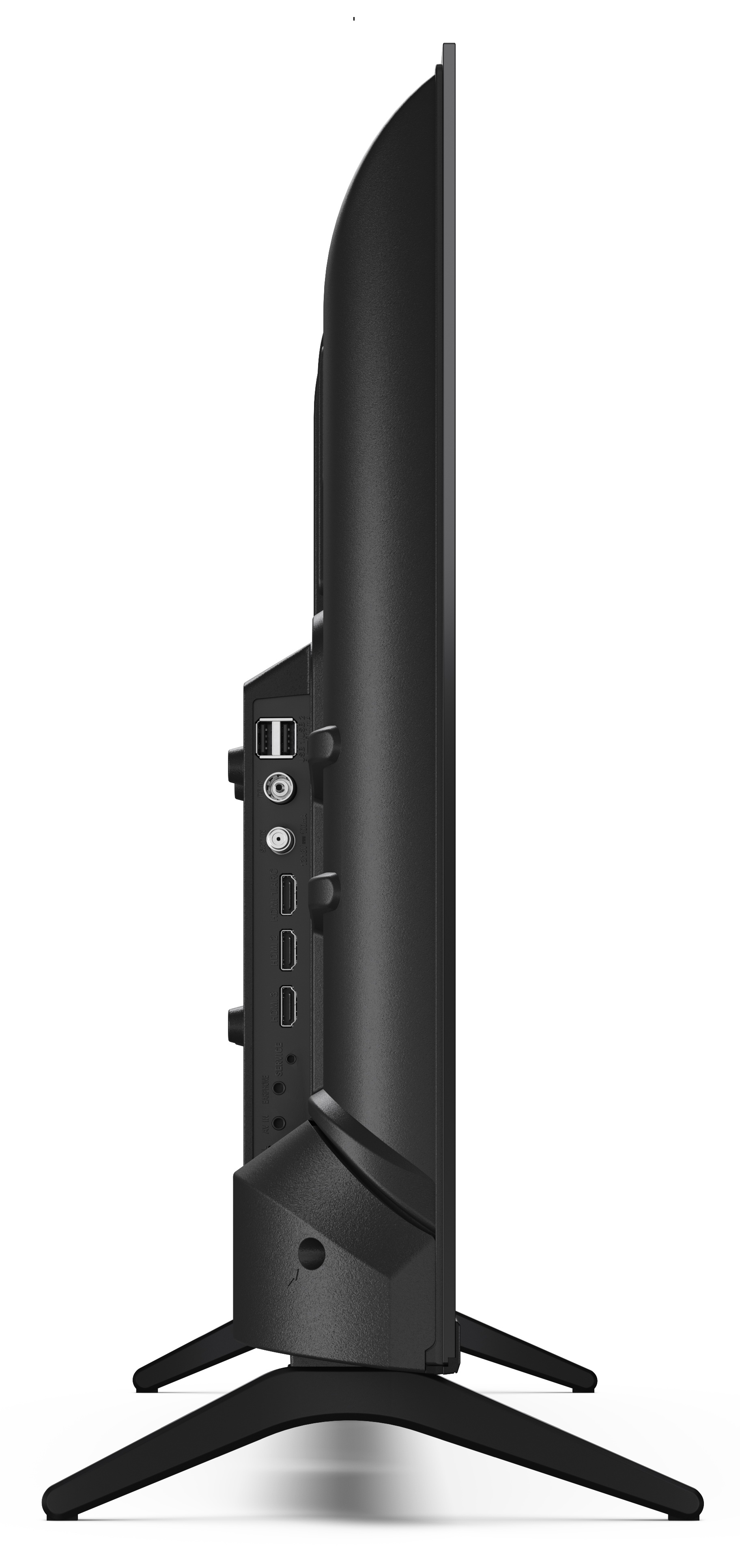 Czarny telewizor z boku. Pokazuje porty i stojak. Ekran jest czarny.