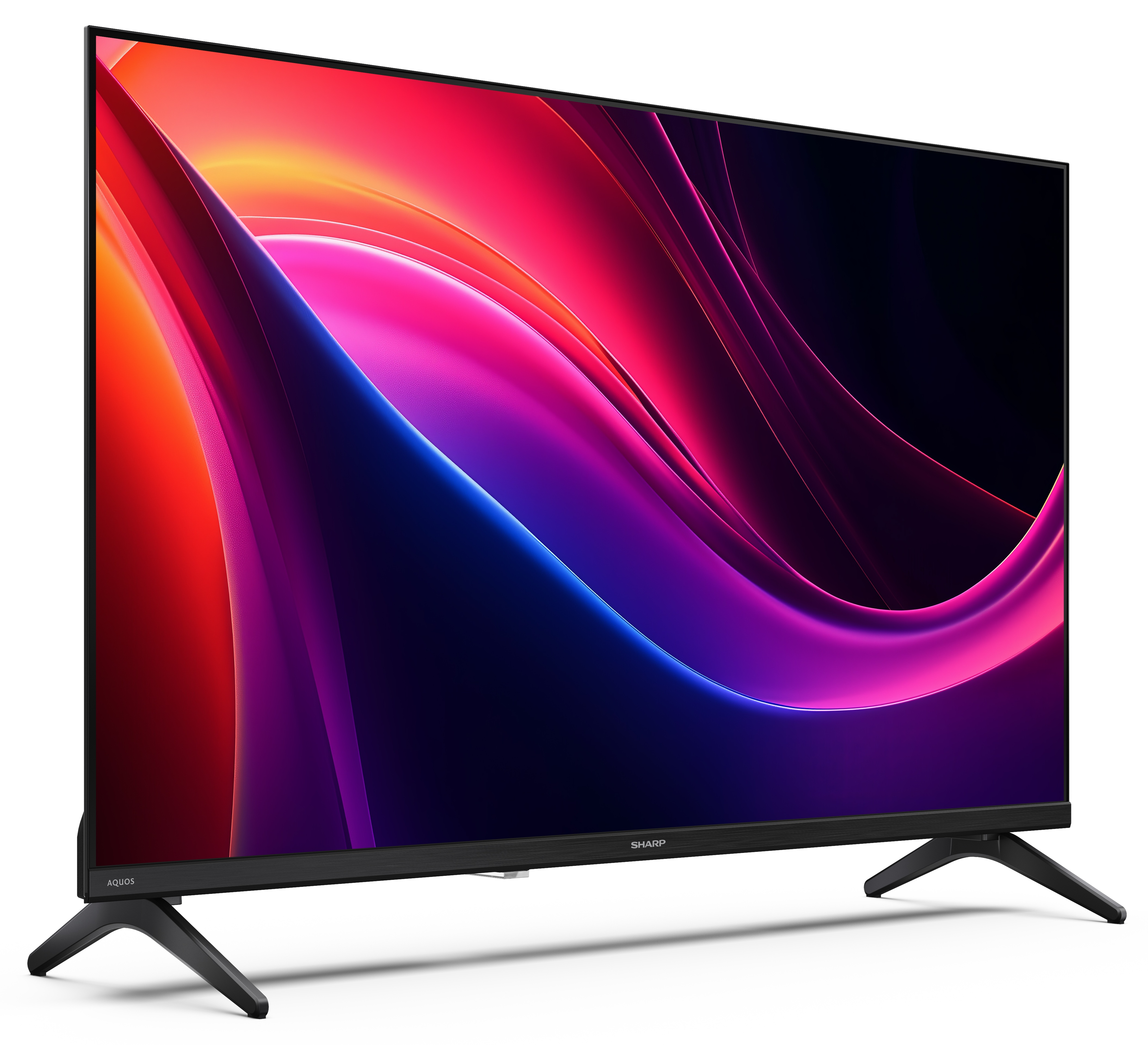 Telewizor Sharp Aquos z dynamicznym, abstrakcyjnym wyświetlaczem. Ma czarną ramę i podstawę na białym tle.