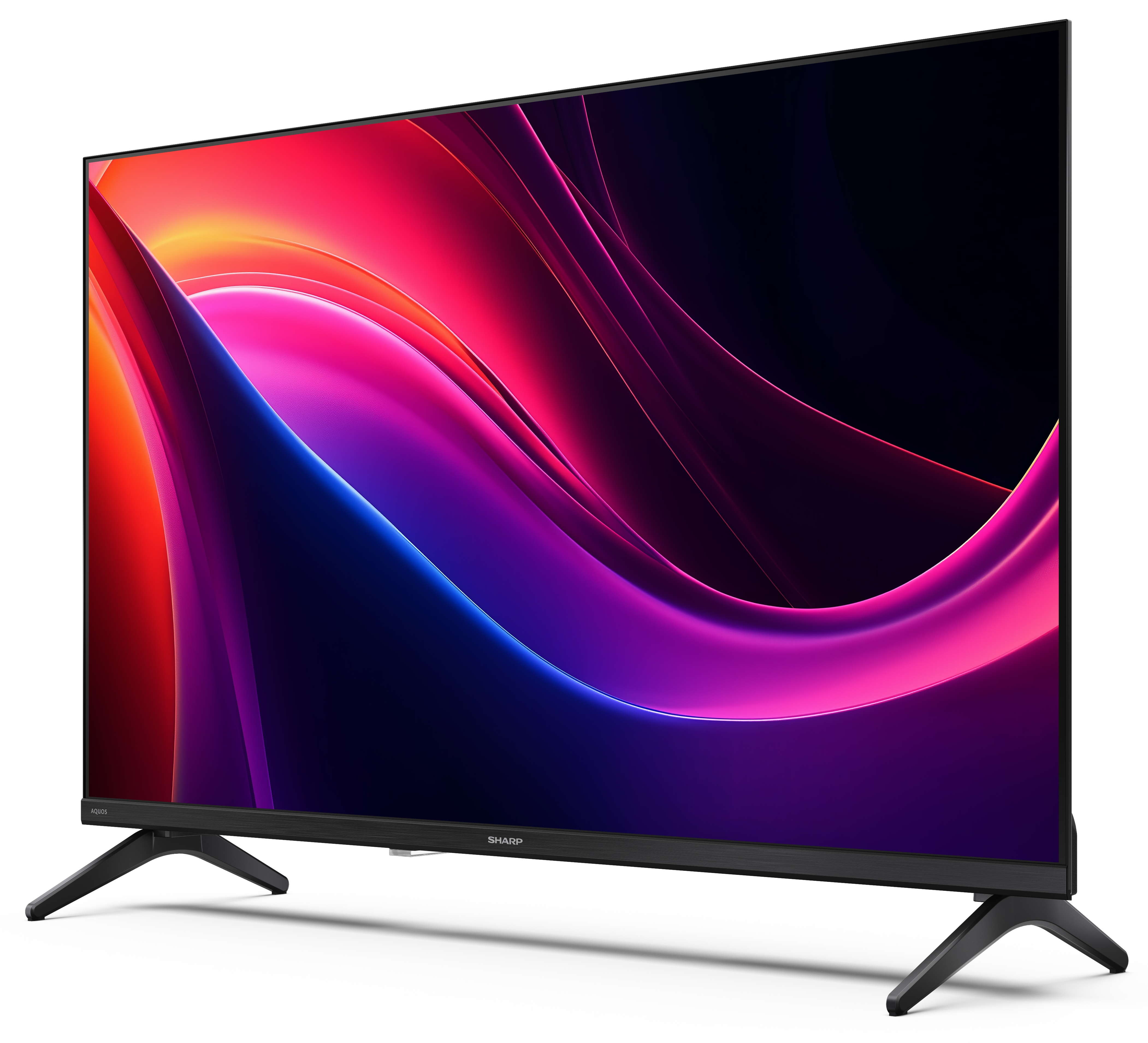 Telewizor Sharp wyświetla kolorowy, abstrakcyjny obraz. Jest czarny i stoi na dwóch czarnych nóżkach. Tło jest białe.