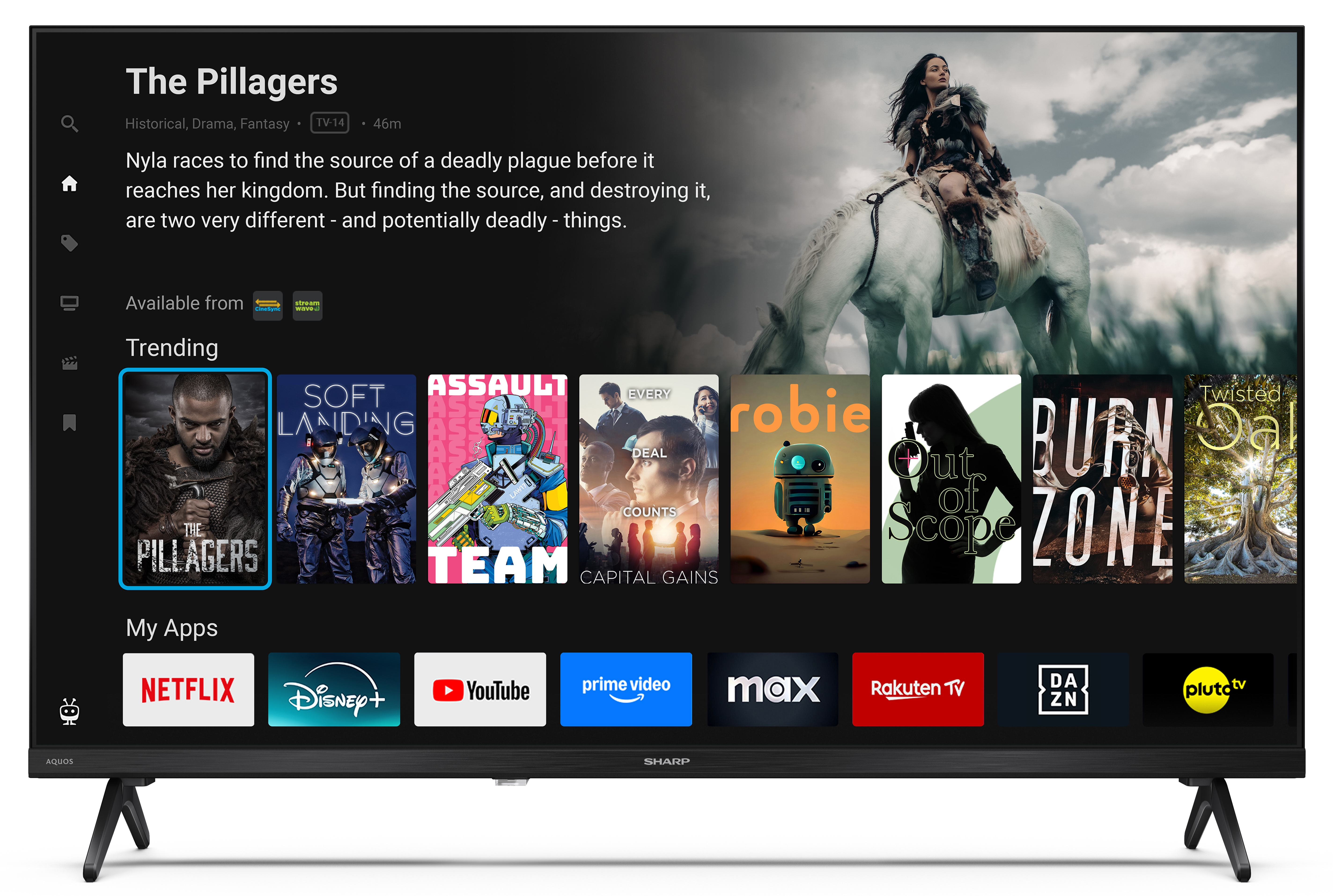 Ekran telewizora wyświetlający tytuły filmów. Kobieta na białym koniu w tle. Pokazano aplikacje takie jak Netflix i Disney+.