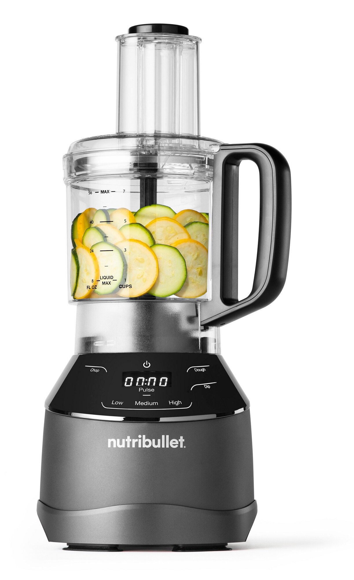 Robot kuchenny Nutribullet z pokrojoną cukinią i żółtą dynią. Podstawa jest szara, z cyfrowym wyświetlaczem.