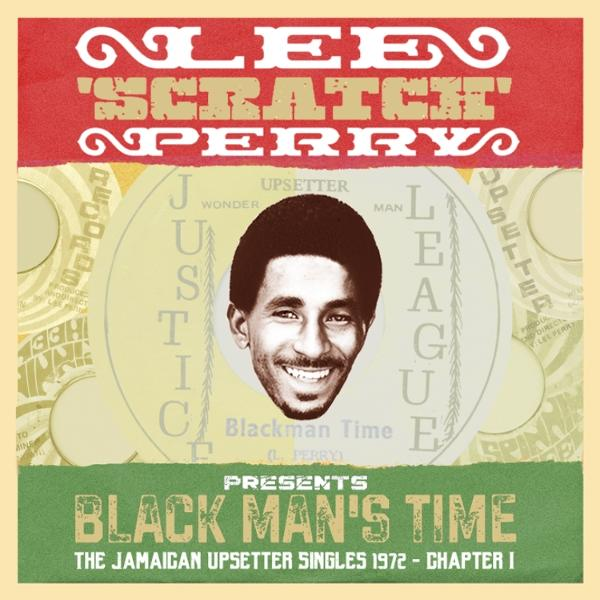 Lee Scratch Perry präsentiert "Black Man's Time" mit seinem Porträt.