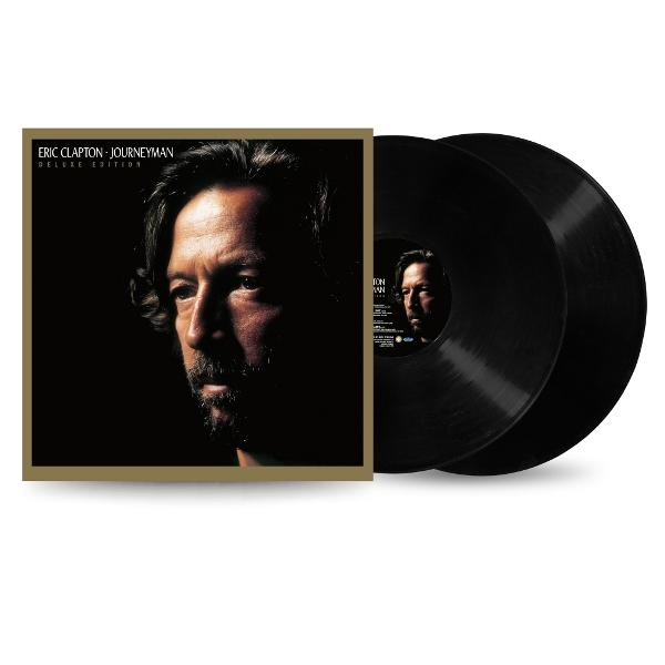 Albumcover von Eric Claptons 'Journeyman'. Es zeigt Claptons Gesicht sowie zwei schwarze Schallplatten.