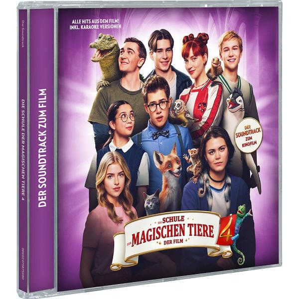 CD-Cover mit einer Gruppe junger Leute und Tieren, darunter ein Fuchs, eine Eule und eine Eidechse. Der Titel lautet 'Die Schule der magischen Tiere 4'.