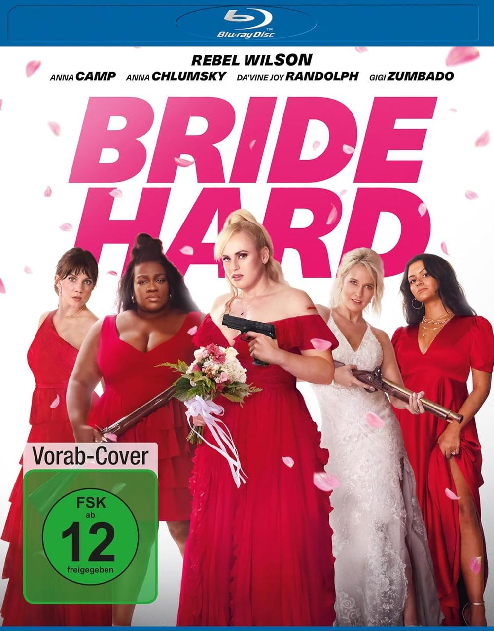 Filmposter für 'Bride Hard'. Sechs Frauen, eine mit einer Waffe, in roten Kleidern und eine Braut in Weiß. Text: 'Bride Hard'.
