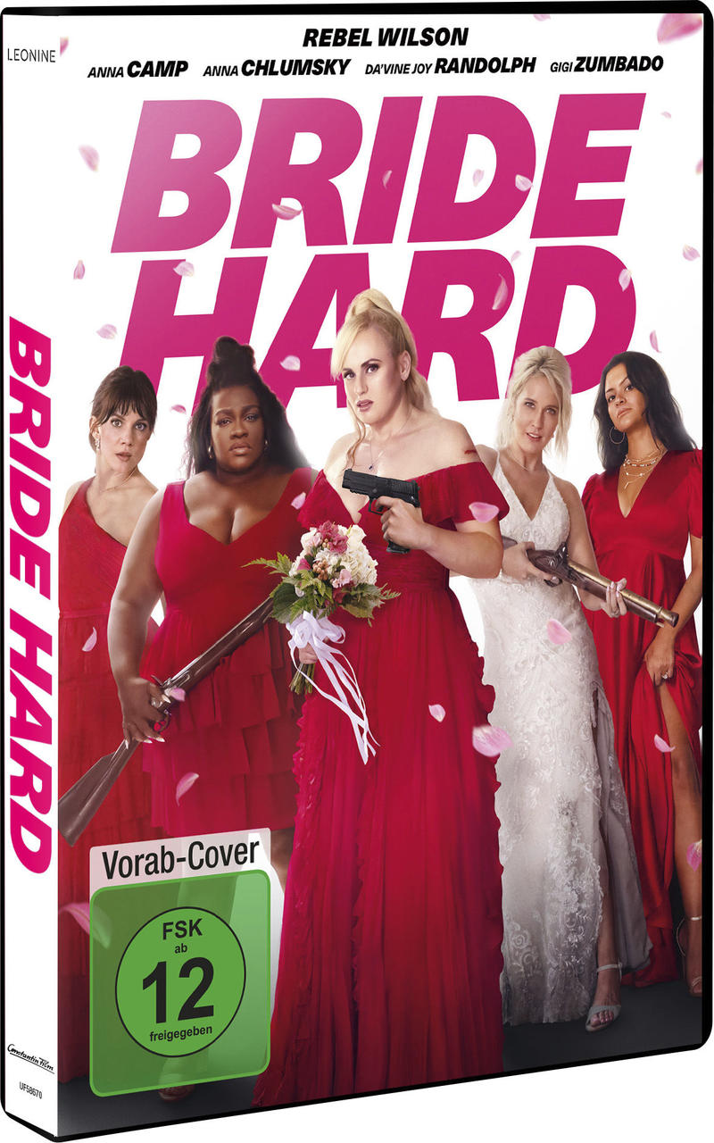 Filmcover: Fünf Frauen in roten Kleidern und eine Braut in Weiß halten Waffen. Titel: Bride Hard.