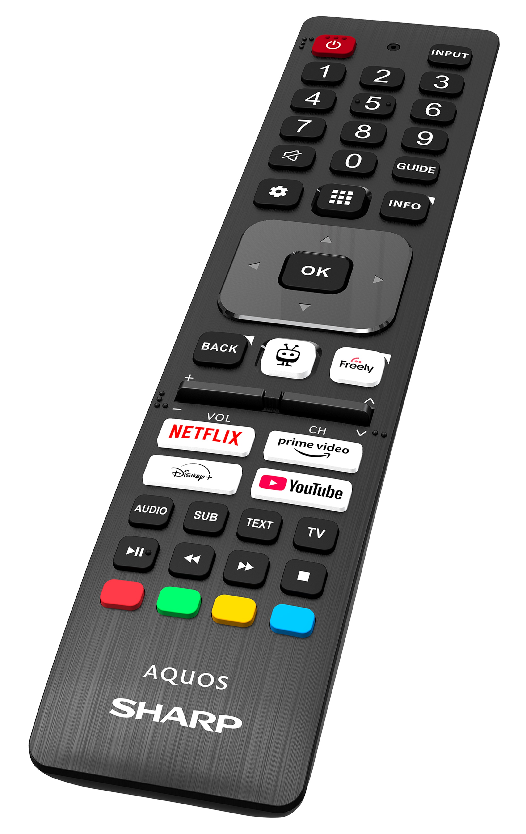 Czarny pilot Sharp Aquos z różnymi przyciskami, w tym Netflix i YouTube, na białym tle.