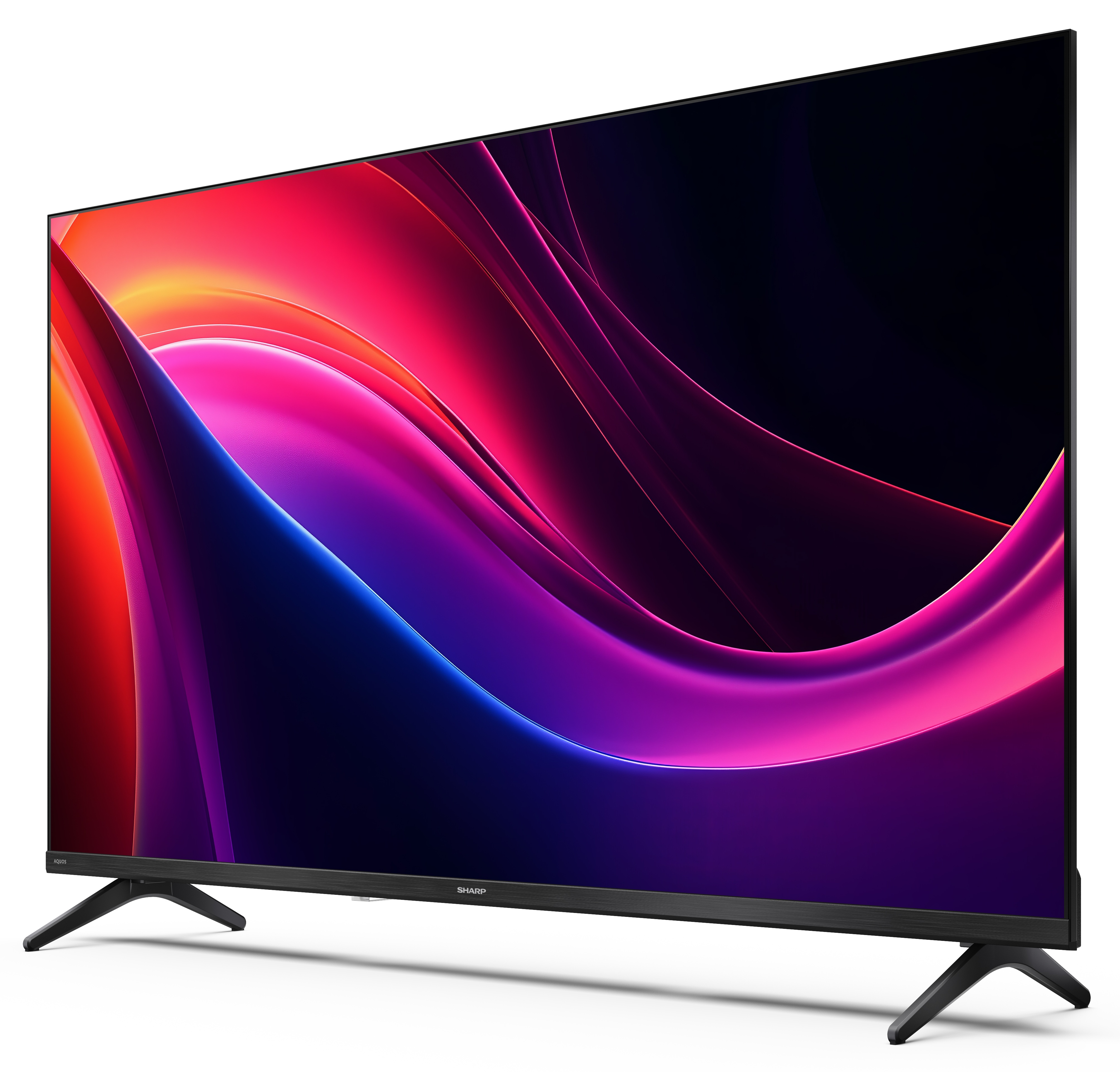 Telewizor z płaskim ekranem z kolorowym, abstrakcyjnym wyświetlaczem. Telewizor jest czarny z czarnymi nóżkami, na białym tle.