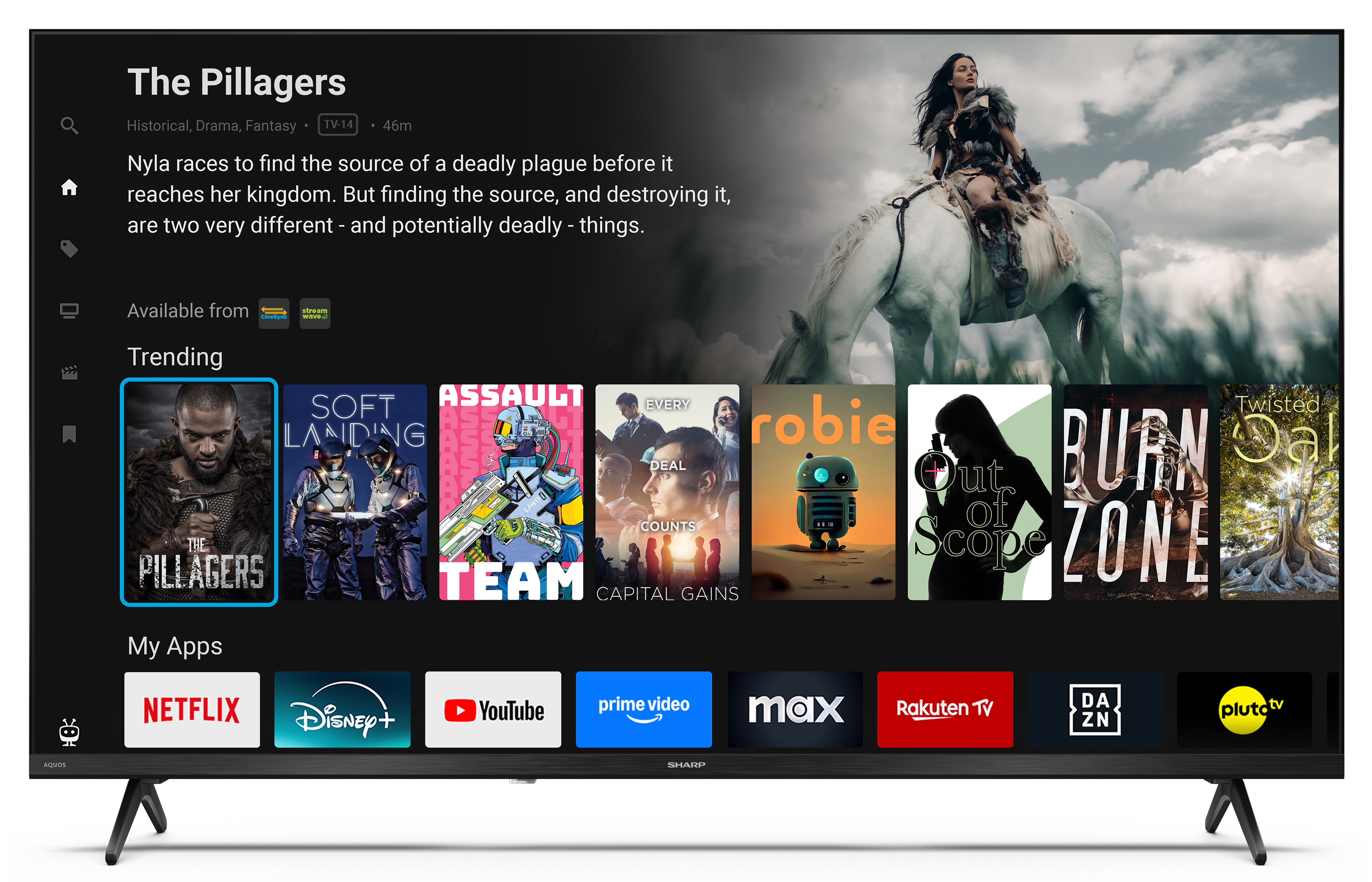 Ekran telewizora wyświetla menu wyboru filmów. Kobieta na białym koniu jest u góry po prawej.