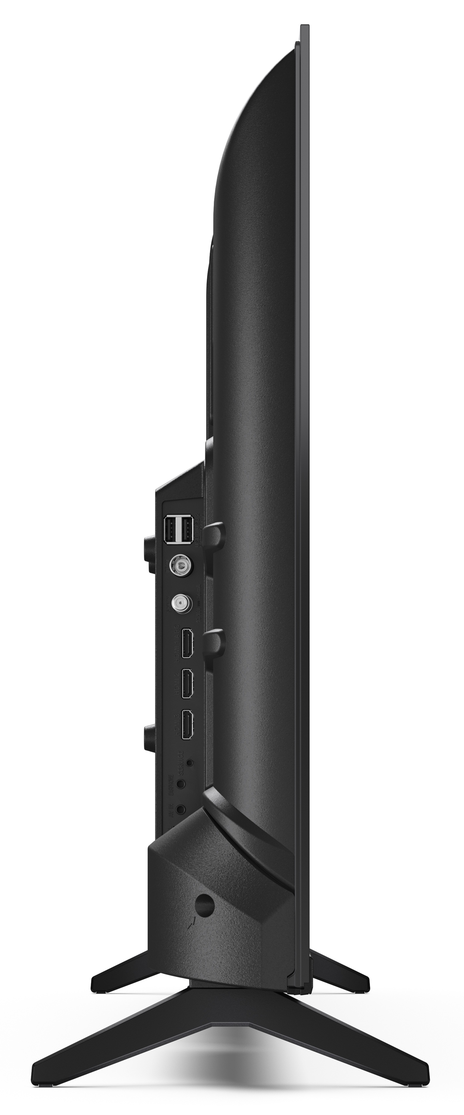 Widok z boku czarnego telewizora. Pokazuje porty i podstawę. Białe tło.