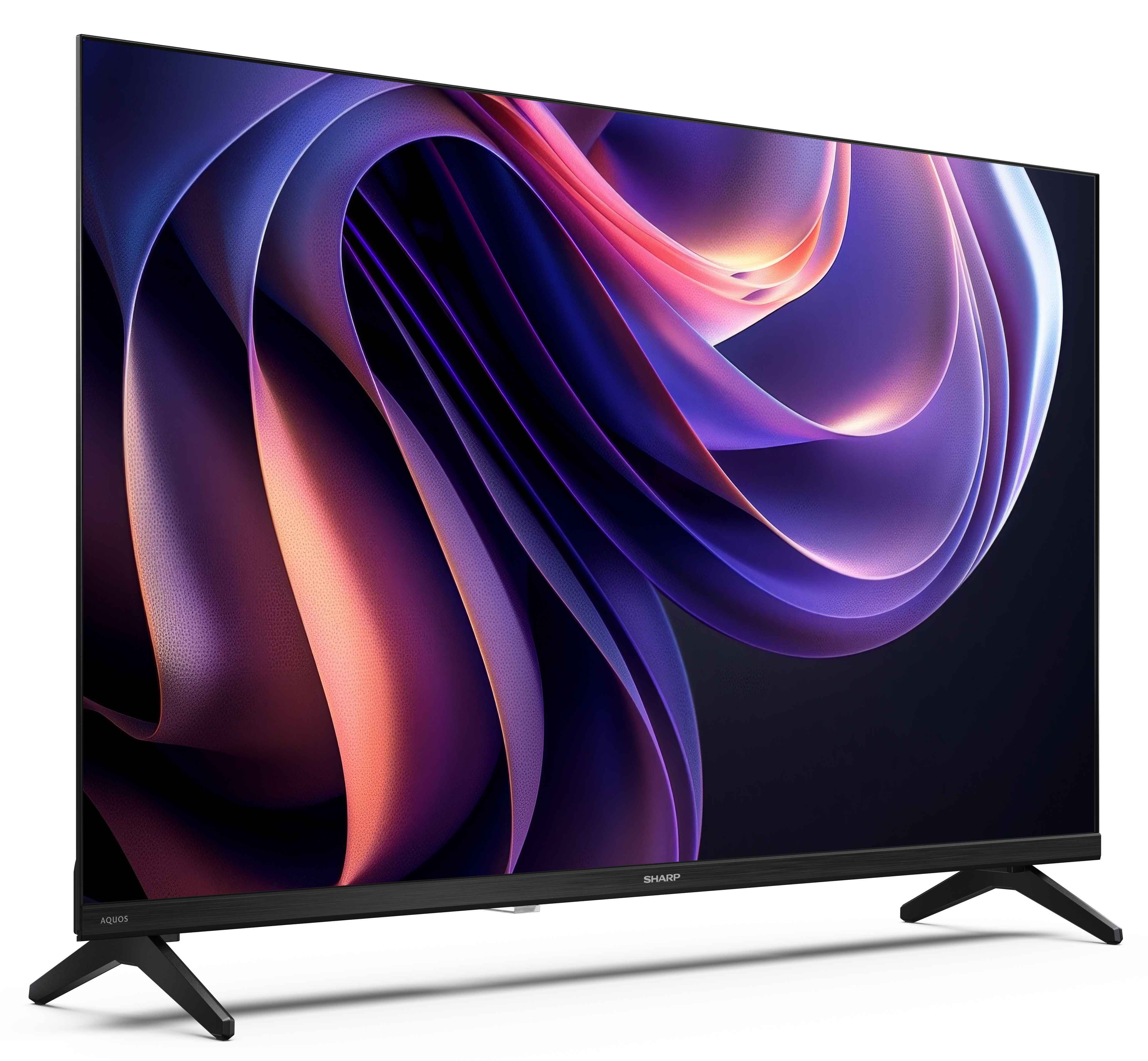 Pochylony telewizor Sharp wyświetla abstrakcyjną grafikę w odcieniach fioletu, różu i błękitu. Stoi na czarnych nogach na białym tle.