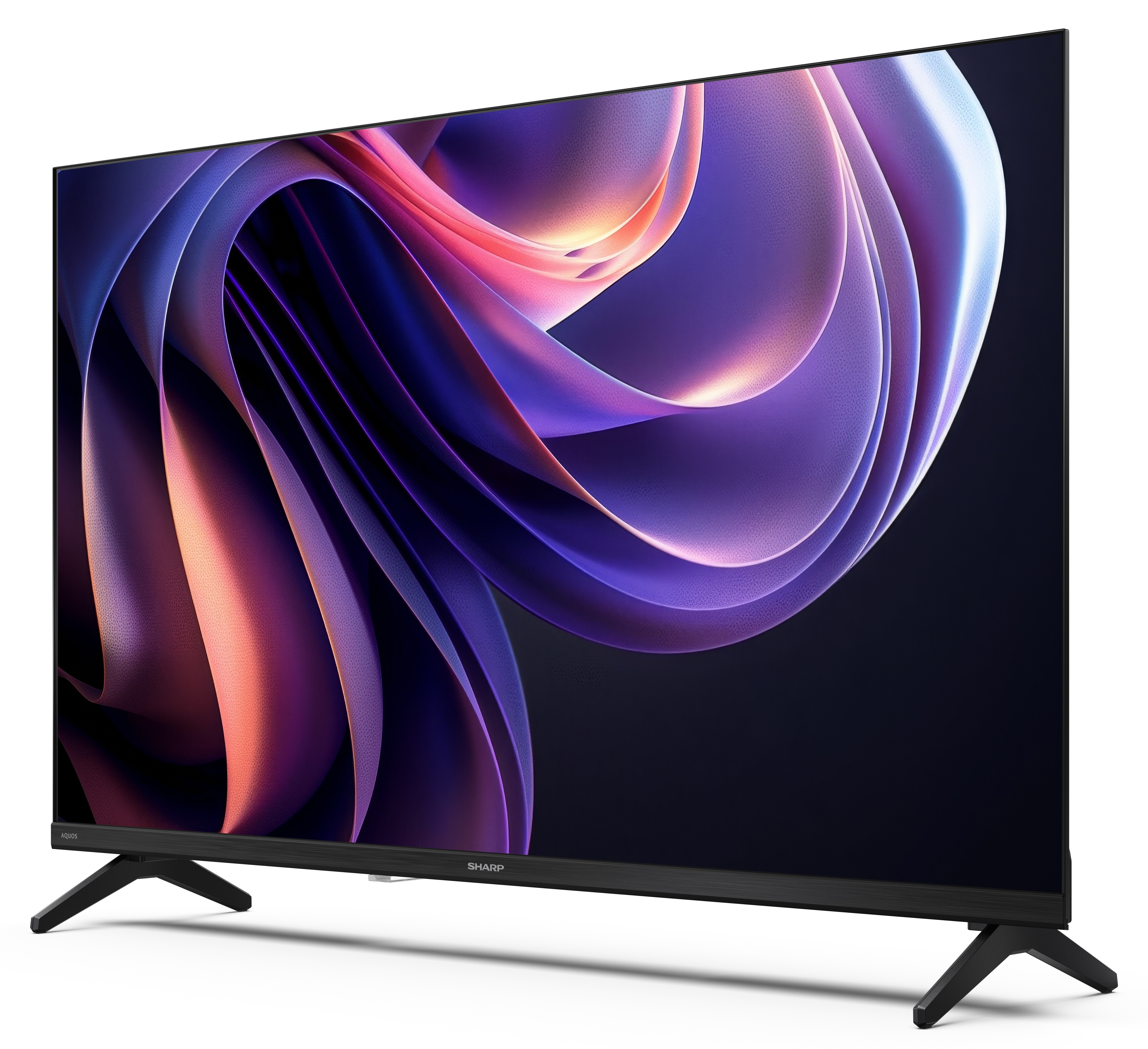 Telewizor Sharp z zakrzywionym, abstrakcyjnym wzorem na ekranie. Podstawa czarna, tło białe.