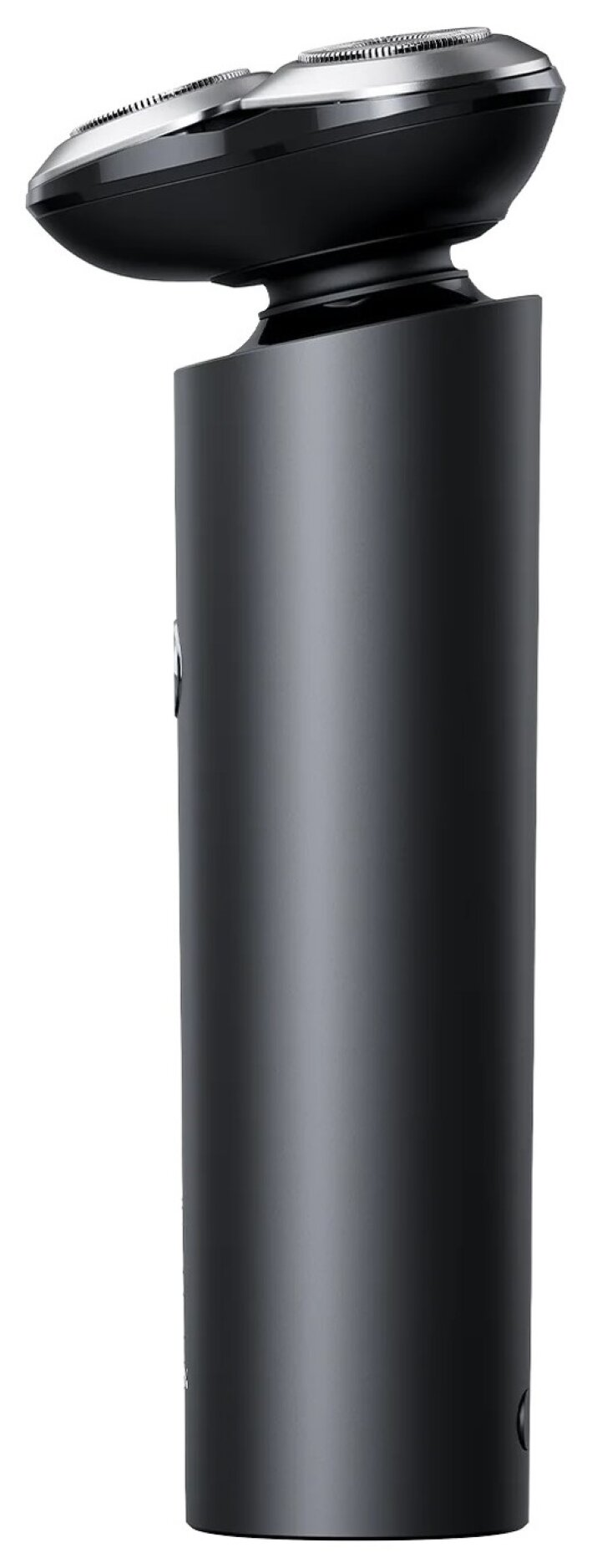 Czarna golarka elektryczna ze srebrną głowicą. Ma cylindryczny korpus i zakrzywioną górę z trzema głowicami golącymi.