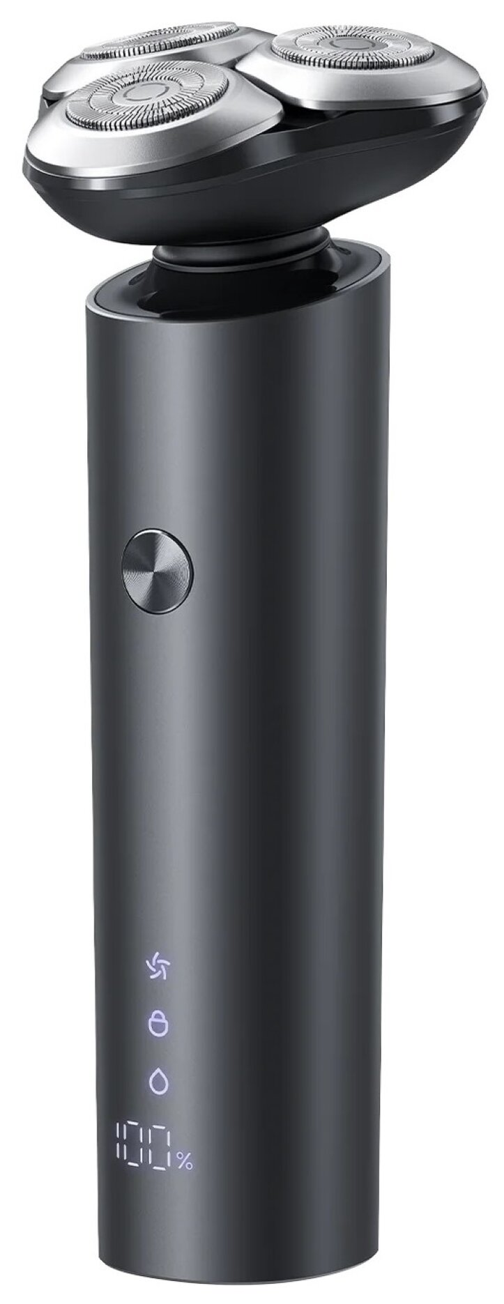 Czarno-srebrna golarka elektryczna. Posiada trzy obrotowe głowice i cyfrowy wyświetlacz pokazujący żywotność baterii. Widoczny przycisk zasilania.